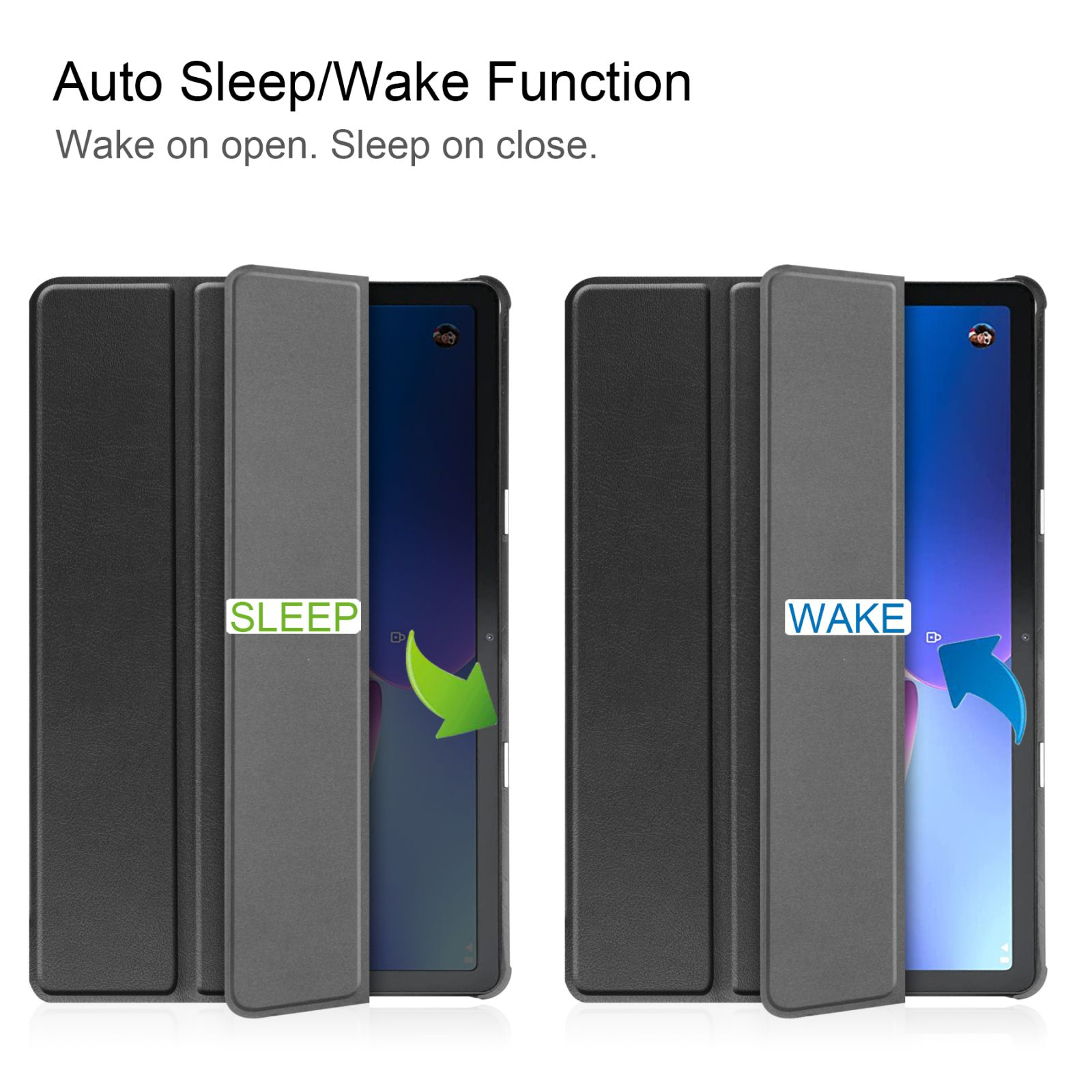 Zwei Tablets in schwarzen Hüllen, eines geöffnet, eines geschlossen. Text: Auto Sleep/Wake-Funktion.