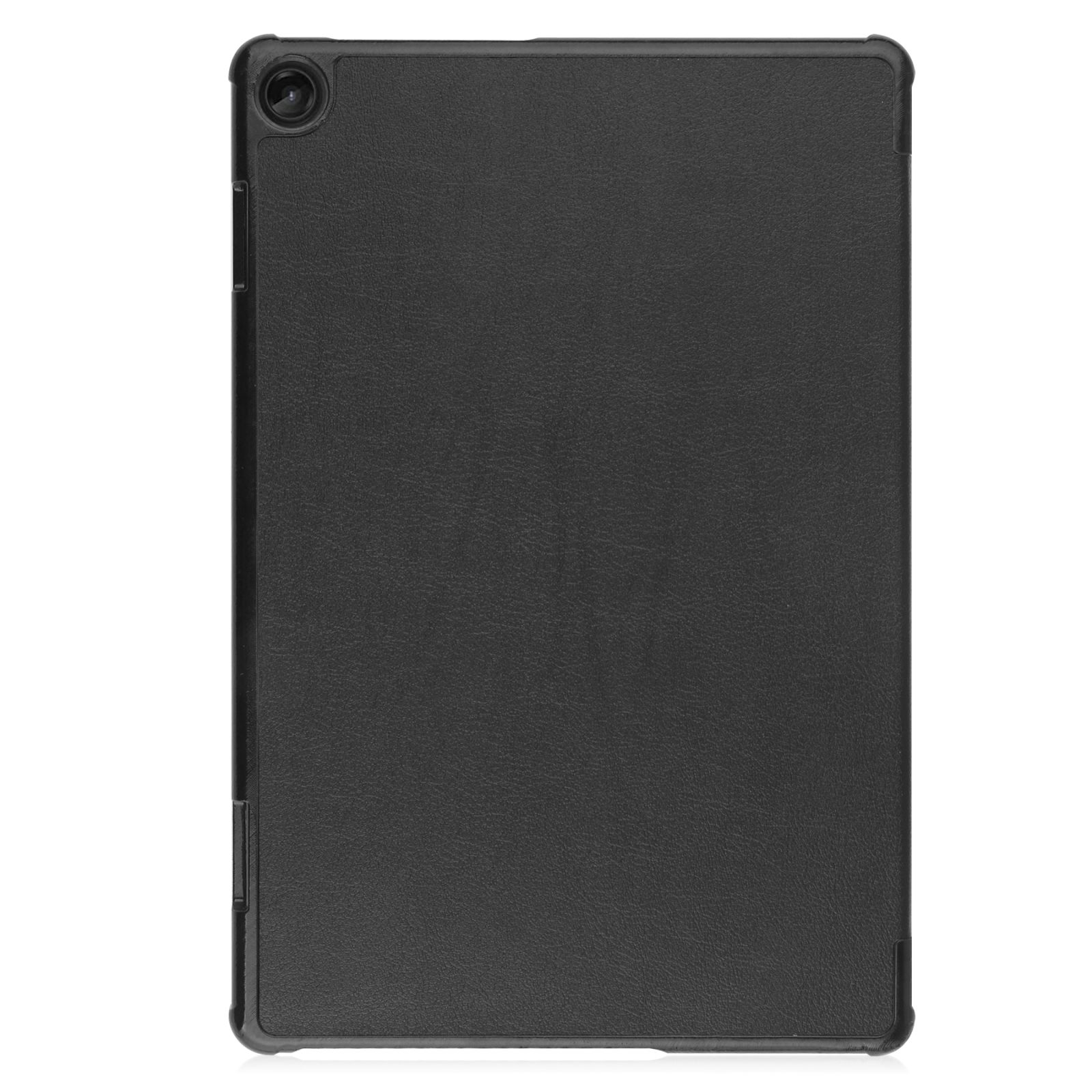 Eine schwarze Tablet-Hülle, die die Rückseite eines Tablets mit einer einzigen Kameralinse zeigt.