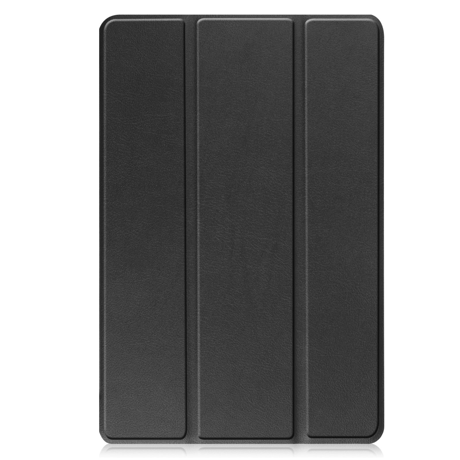 Eine geschlossene schwarze Tablet-Hülle, die die Frontabdeckung mit drei vertikalen Linien zeigt.