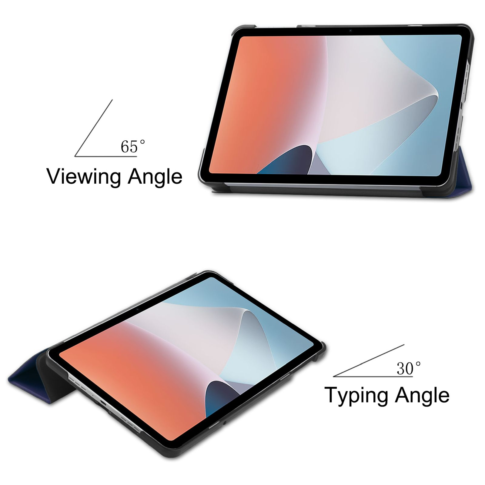 Tablet in einer Hülle bei 65 Grad Betrachtung und 30 Grad Tippwinkel.