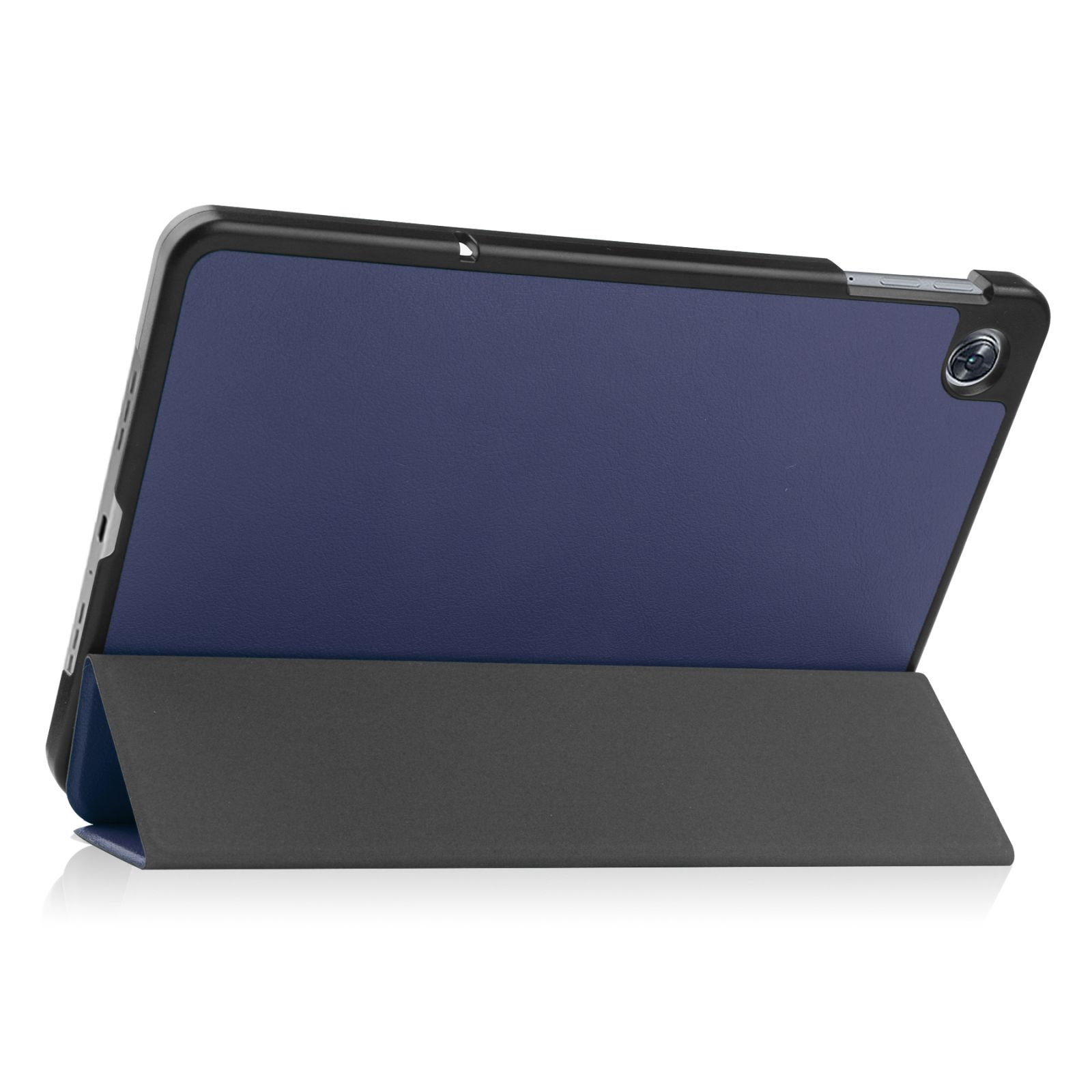 Eine Tablet-Hülle, marineblau mit schwarzem Rahmen und grauem Ständer. Sie ist offen.