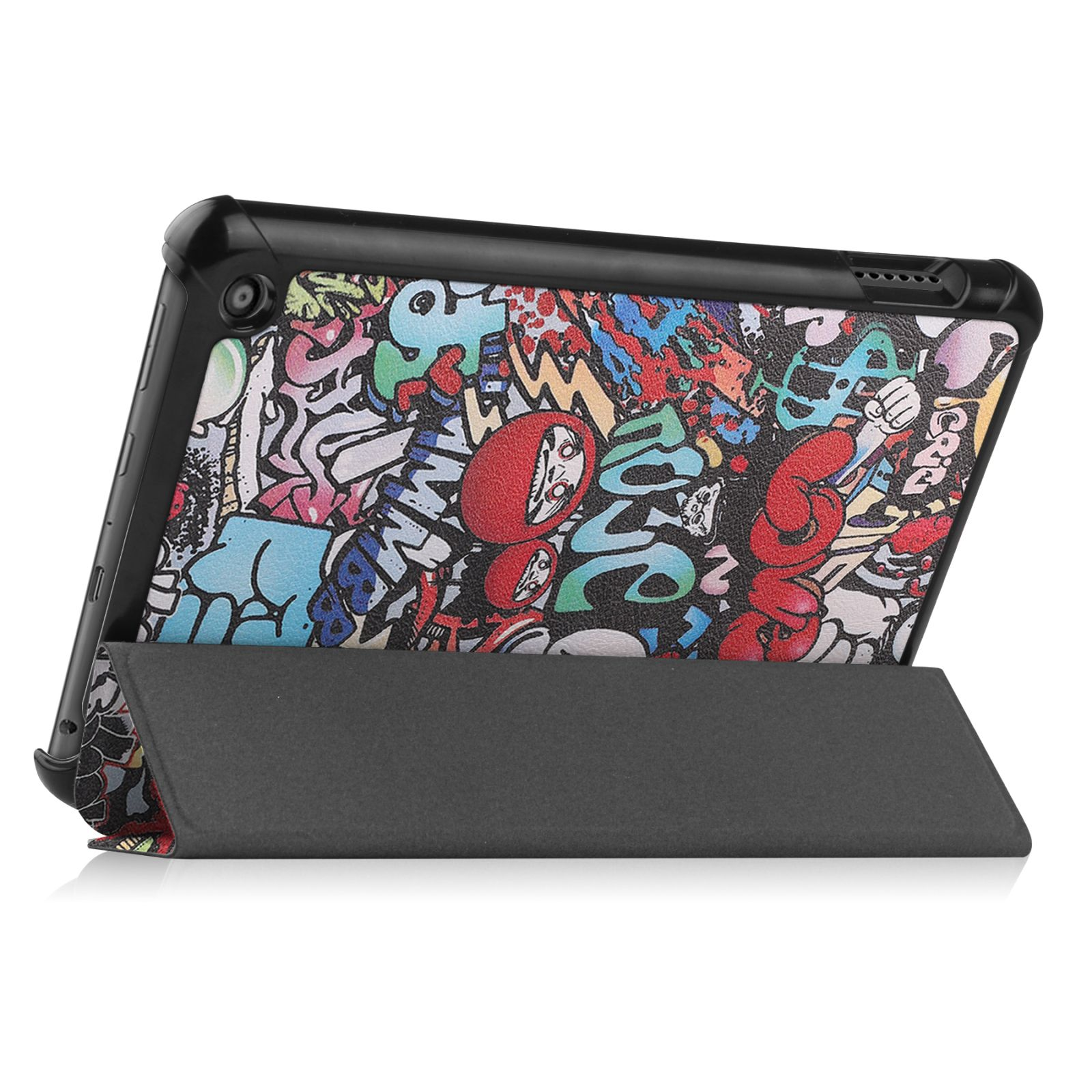 Tablet in einer Hülle mit Graffiti-Design. Die Hülle ist offen und stützt das Tablet.