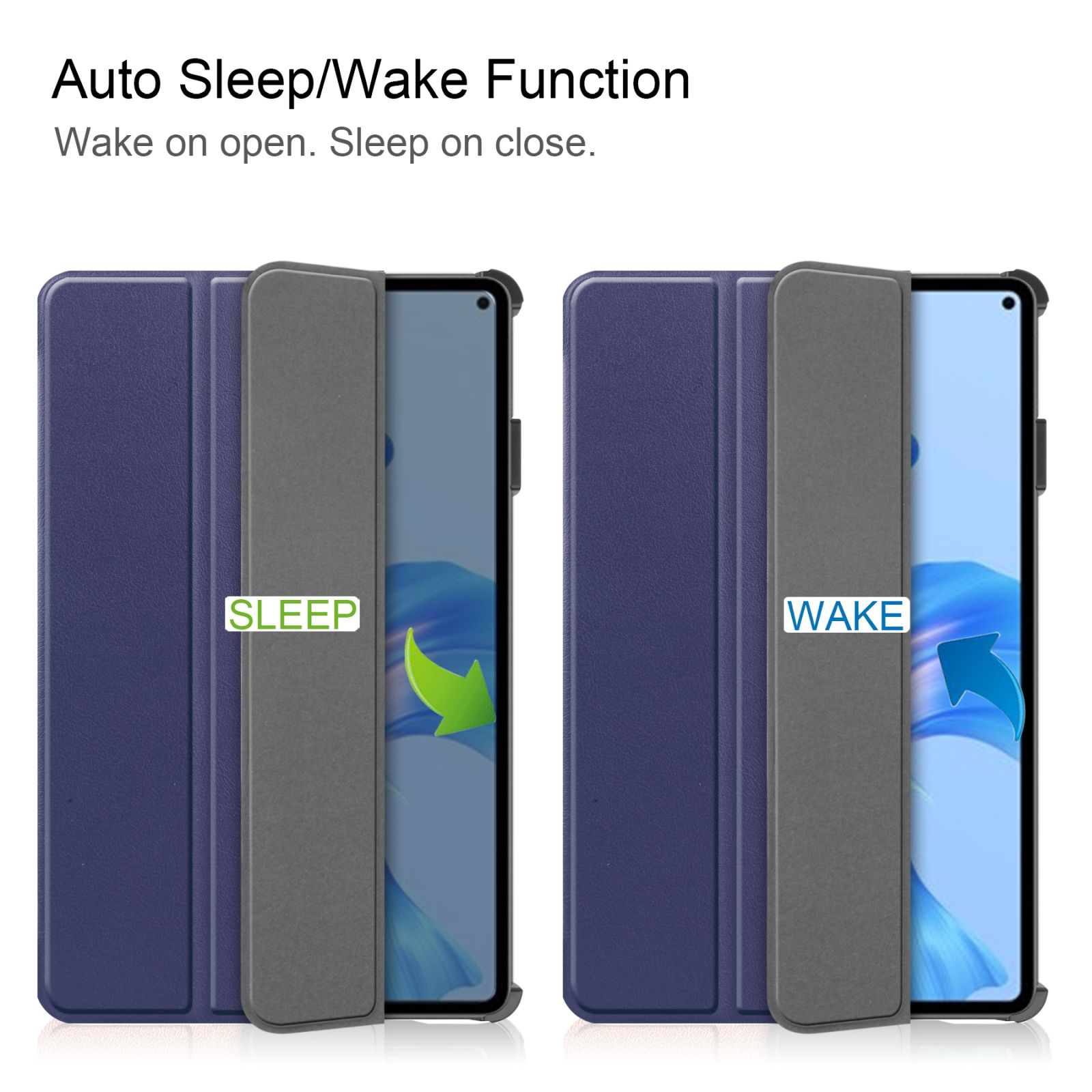 Tablet-Hüllen geöffnet und geschlossen. Text sagt: 'Auto Sleep/Wake Funktion'. 'Sleep' und 'Wake' Beschriftungen.
