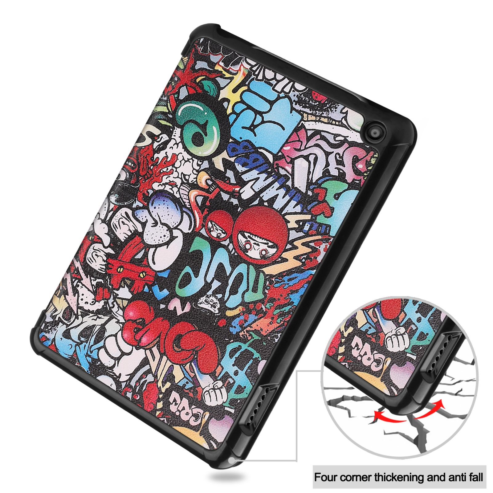 Tablet-Hülle mit buntem Graffiti-Design. Zeigt Eckenschutz und Schadensresistenz.