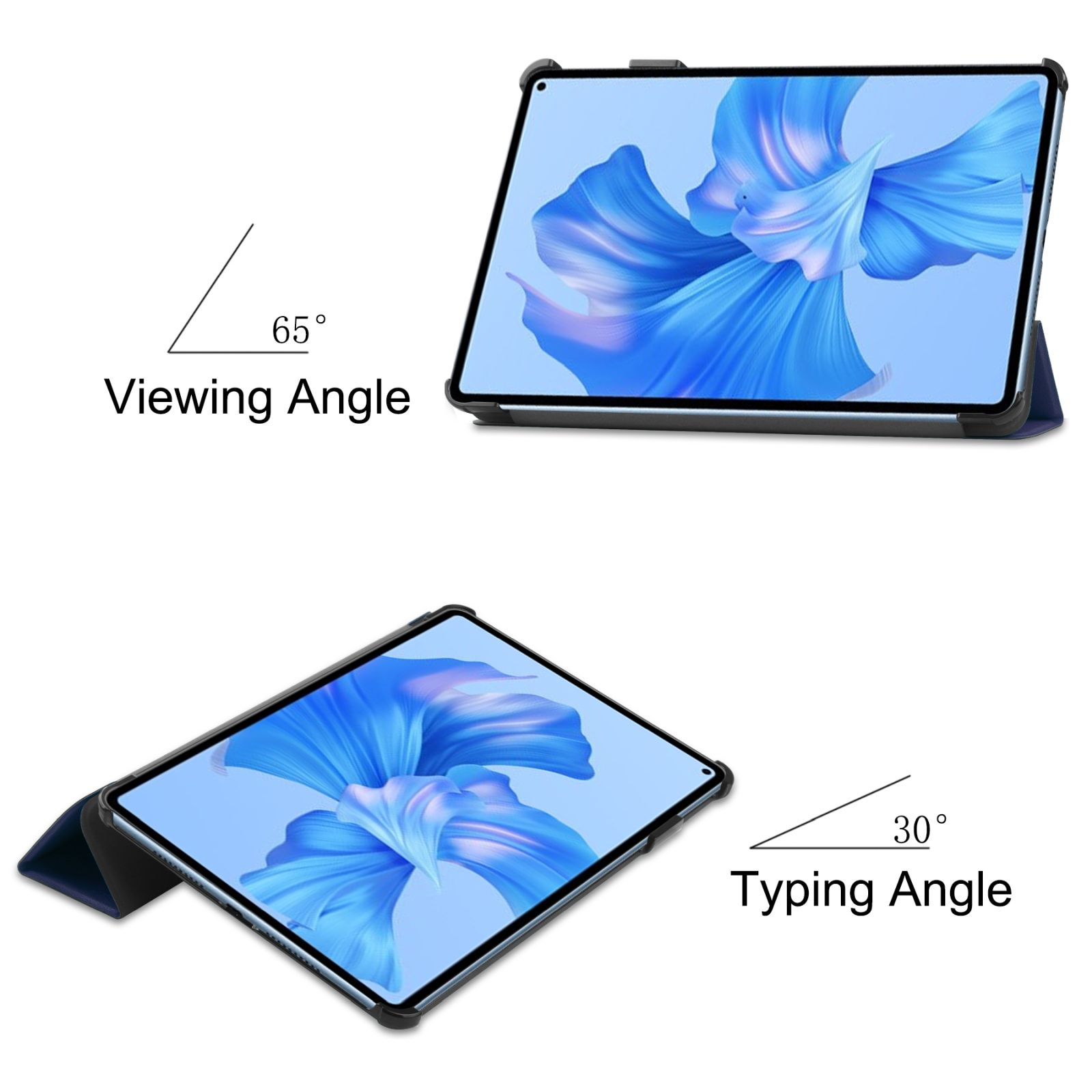 Zwei Tablets in Hüllen. Eines ist um 65 Grad, das andere um 30 Grad abgewinkelt. Beide zeigen blaue Grafiken.