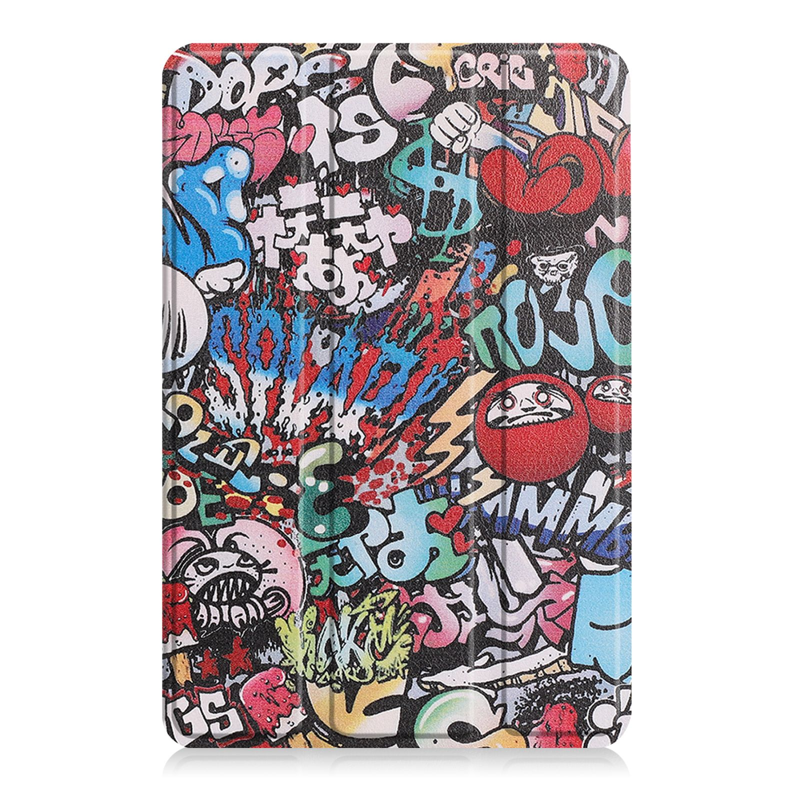 Tablet-Hülle mit Graffiti-Kunst. Die Hülle ist mit buntem Graffiti bedeckt. Schwarze Ränder.
