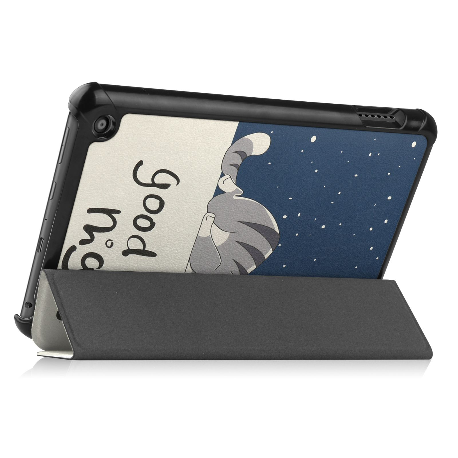 Eine Tablet-Hülle mit Katzenmotiv. Das Tablet hat einen blauen Hintergrund und die Worte 'Good Night'.
