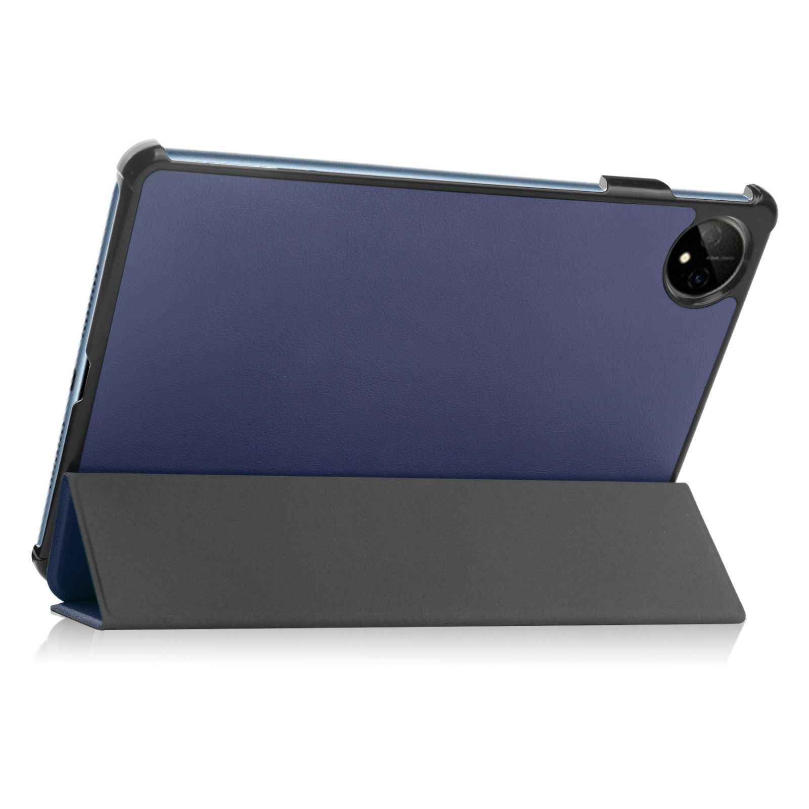 Eine blaue Tablethülle mit schwarzem Rahmen. Die Hülle ist offen, mit einem dunkelgrauen Ständer. Die Kamera ist sichtbar.