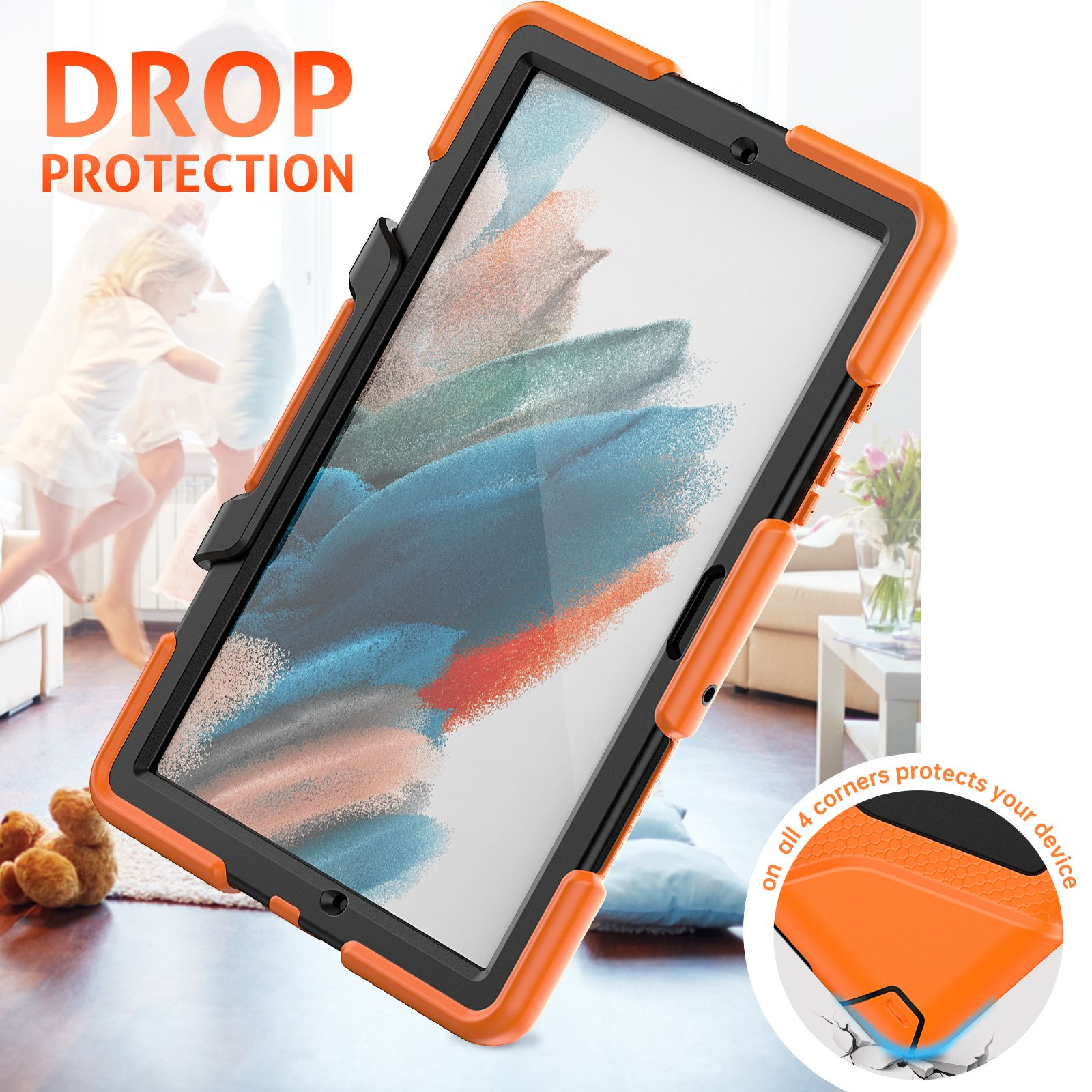 Orangefarbene und schwarze Tablethülle auf einem Tisch. Text sagt 'DROP PROTECTION'.