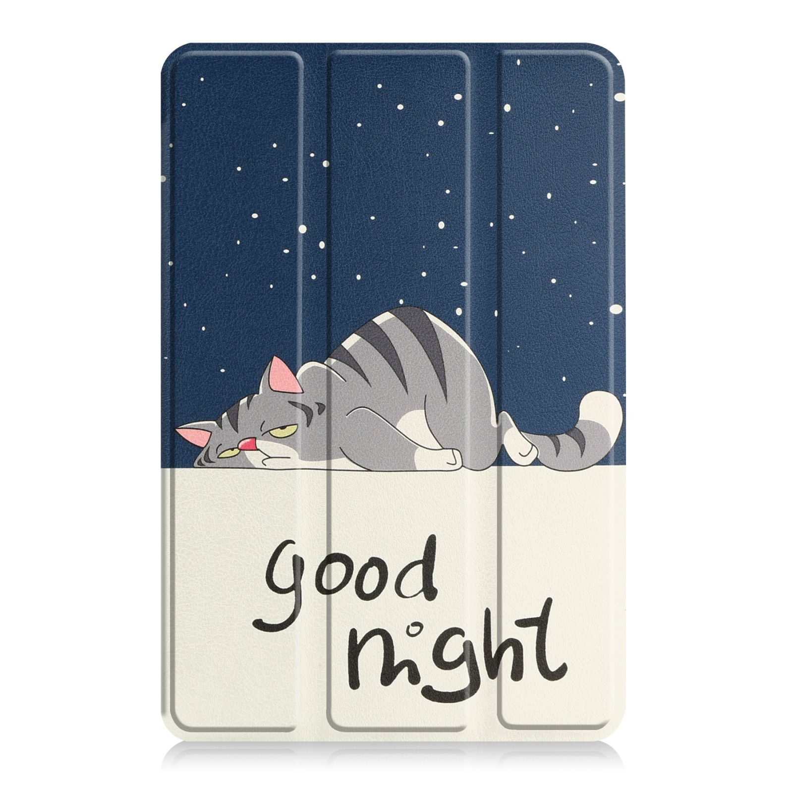 Tablet-Hülle mit Katzenmotiv auf blauem Sternenhimmel-Hintergrund, Text 'gute Nacht'.