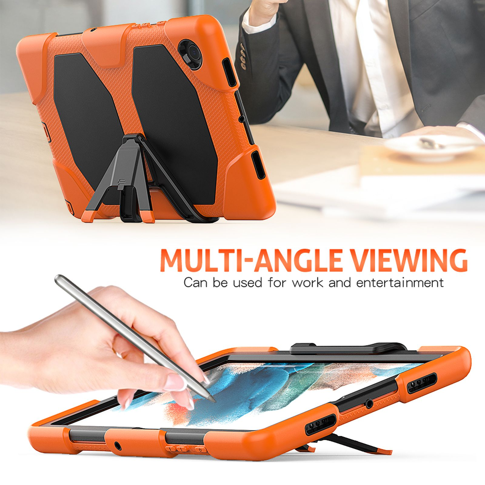 Orangene Tablet-Hülle mit Ständer. Eine Hand benutzt einen Stift. Die Hülle sagt 'Multi-Winkel-Ansicht'.