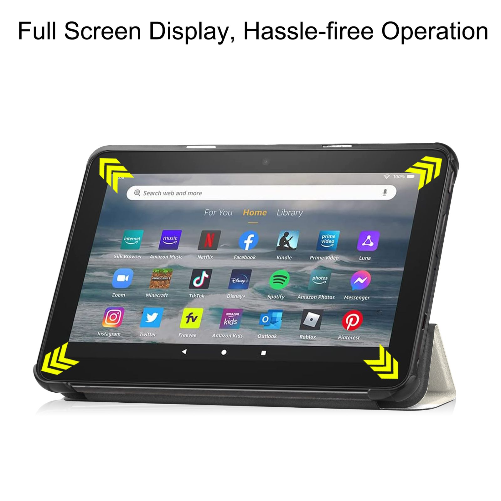 Tablet mit Vollbildanzeige, zeigt App-Symbole und eine Hülle darum.