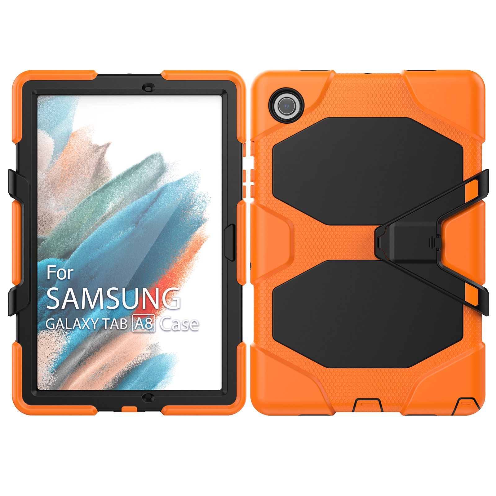 Orangefarbene und schwarze Tablet-Hülle mit Ständer. Der Text lautet: Für Samsung Galaxy Tab A8 Case.