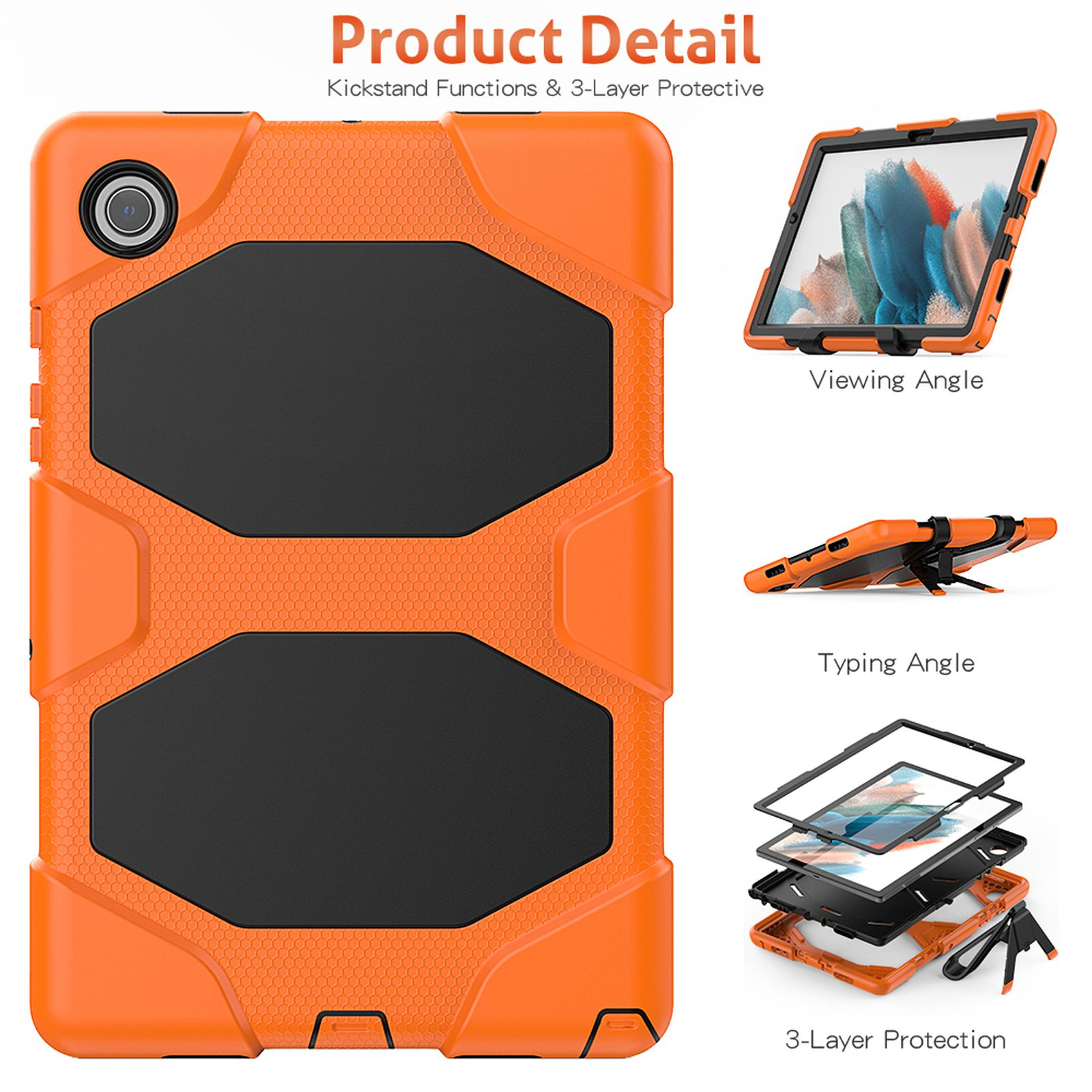 Eine orangefarbene und schwarze Tablet-Hülle mit Ständer und 3-lagigem Schutzdesign.