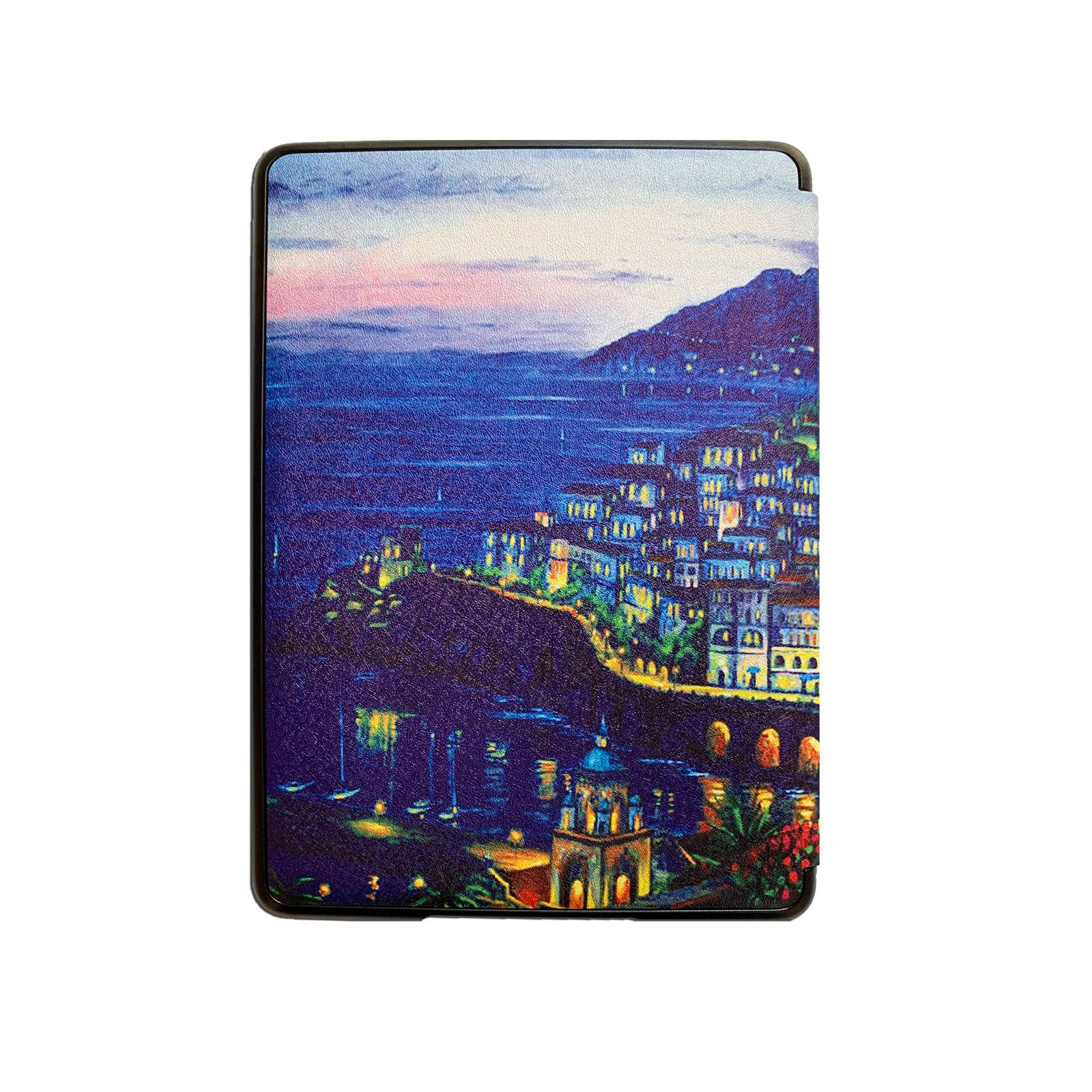 Tablet-Hülle mit Gemälde einer Küstenstadt in der Abenddämmerung.