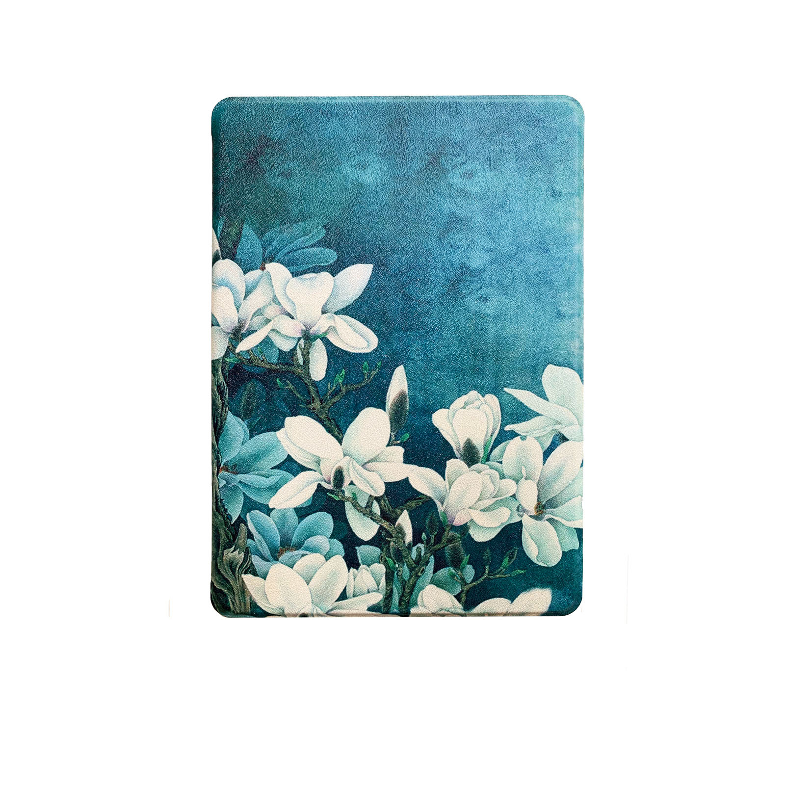 Tablethülle mit floralem Design aus weißen Blumen auf blauem Hintergrund.