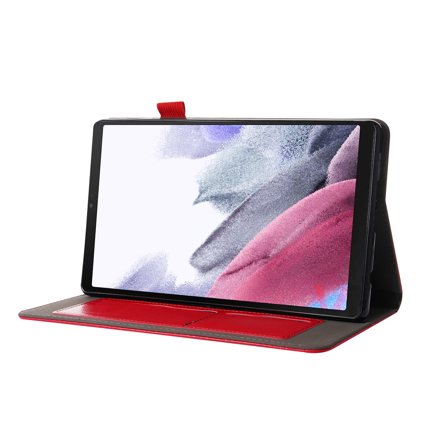 Tablet in roter Hülle, offen. Bildschirm zeigt ein farbenfrohes Bild.