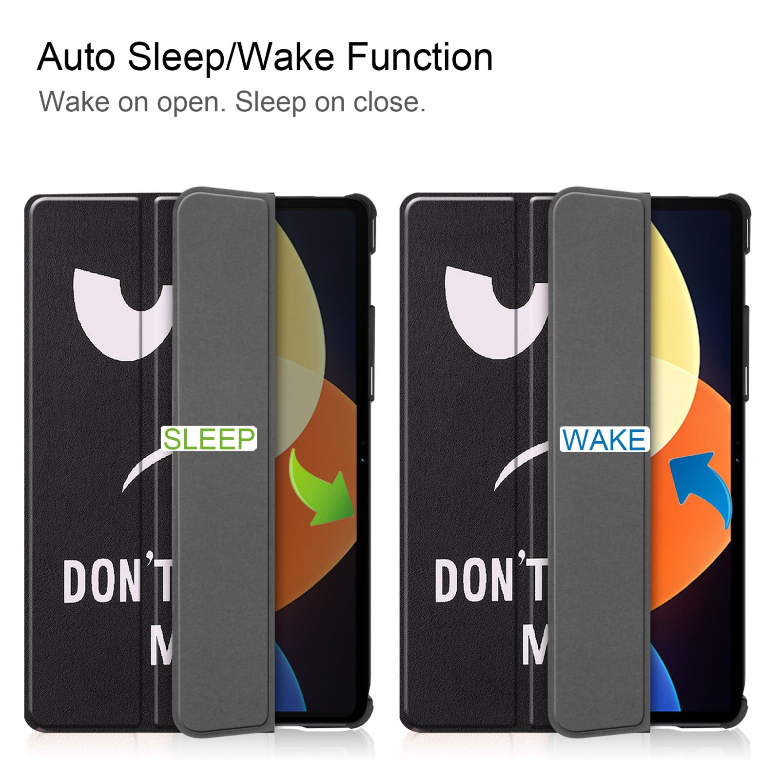 Zwei Tablet-Hüllen mit schwarzen Bezügen. Eine geschlossen mit 'Sleep', die andere offen mit 'Wake'.
