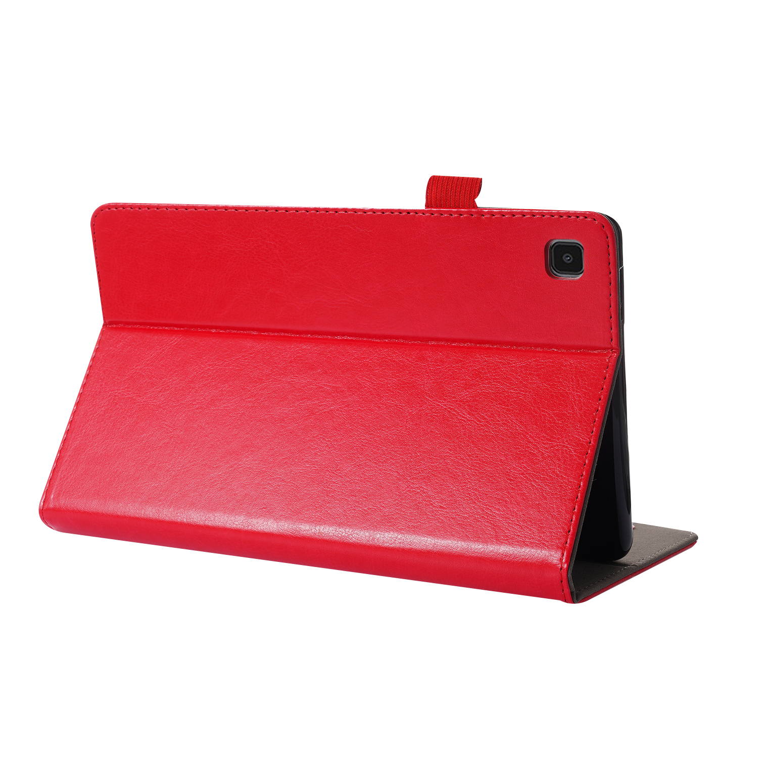 Rote Tablet-Hülle, geöffnet. Die Rückseite ist geöffnet, um die Kamera freizugeben.