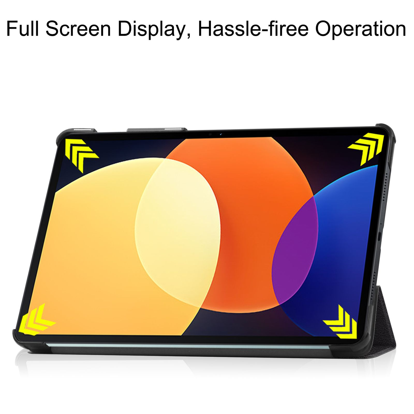 Tablet mit Hülle, Bildschirm an. Tablet ist aufgestellt. Gelbe Pfeile zeigen die Ecken des Bildschirms.