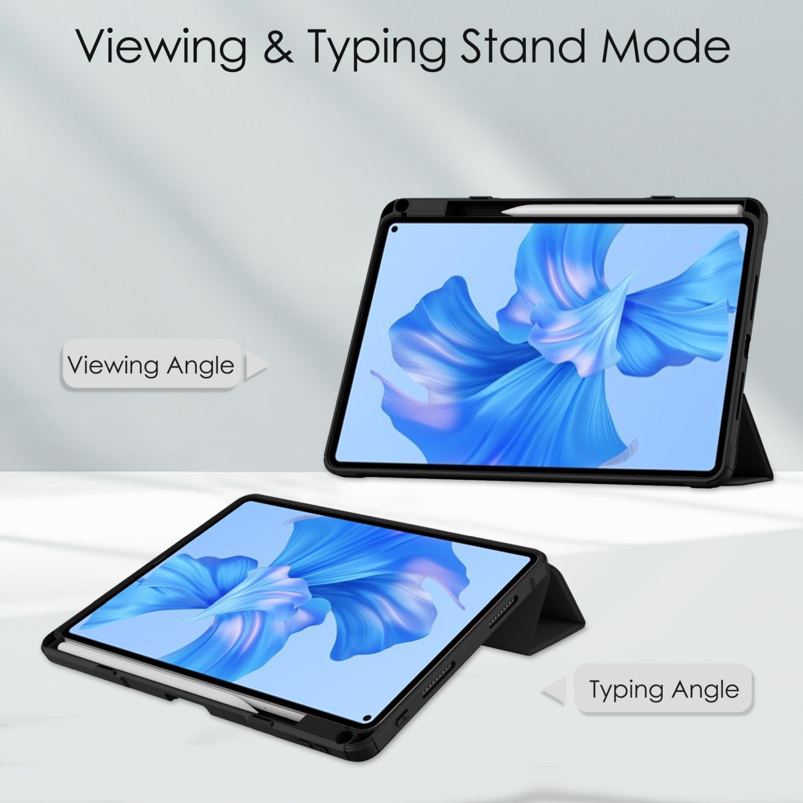Tablet im Standmodus für Betrachtungs- und Tippwinkel. Zwei Tablets mit Bildschirmanzeigen.