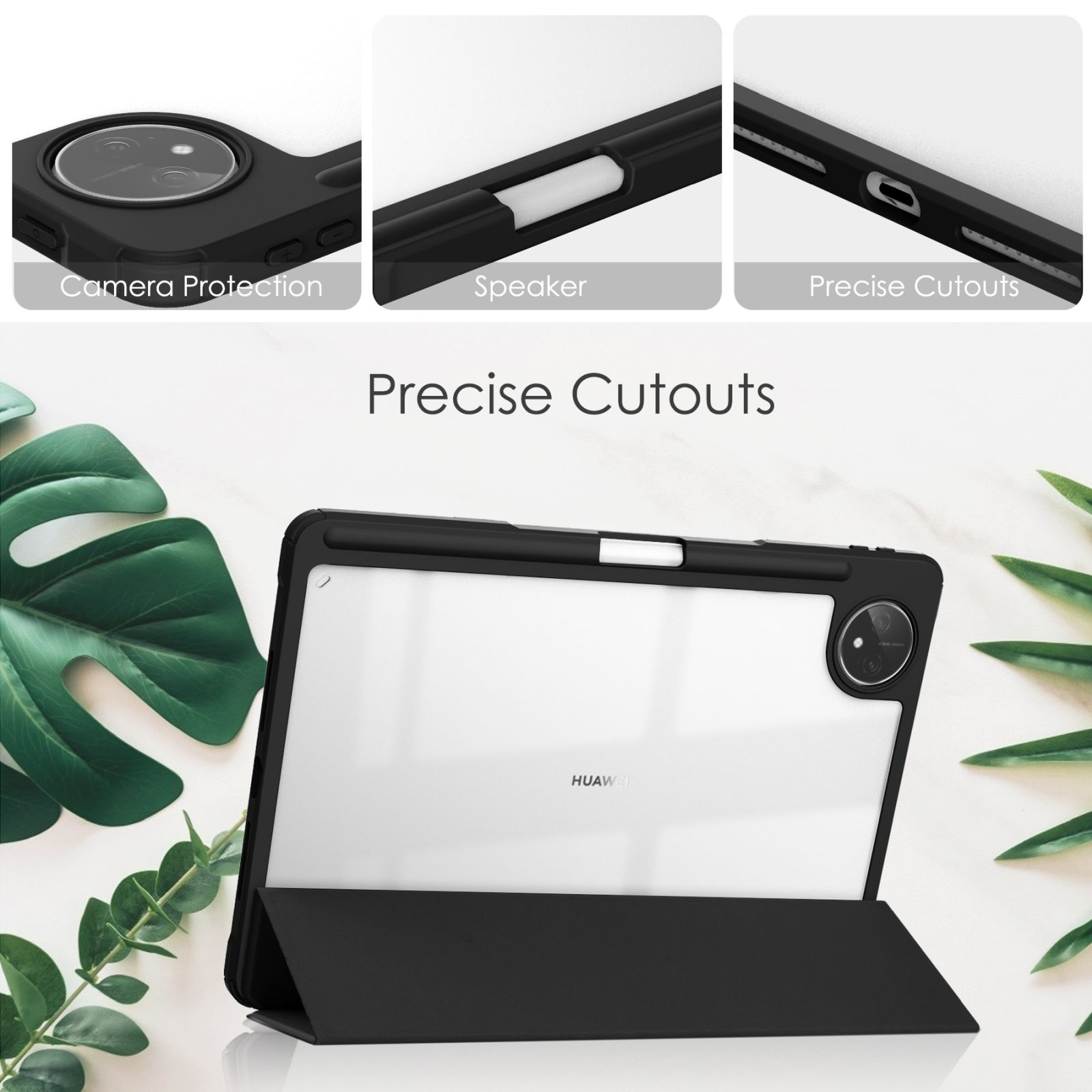 Schwarze Tablethülle mit Aussparungen für Kamera, Lautsprecher und Anschlüsse, mit Tablet.