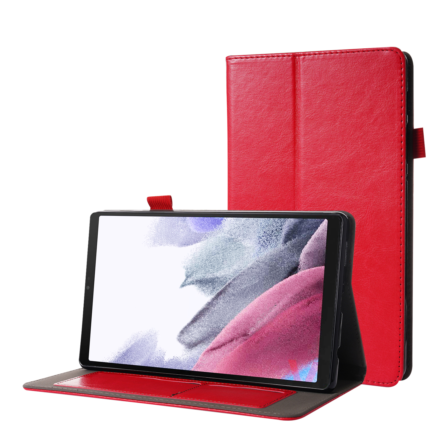 Rote Tablet-Hülle mit offenem Tablet, das den Bildschirm anzeigt. Die Hülle ist gefaltet, Tablet ist drin.