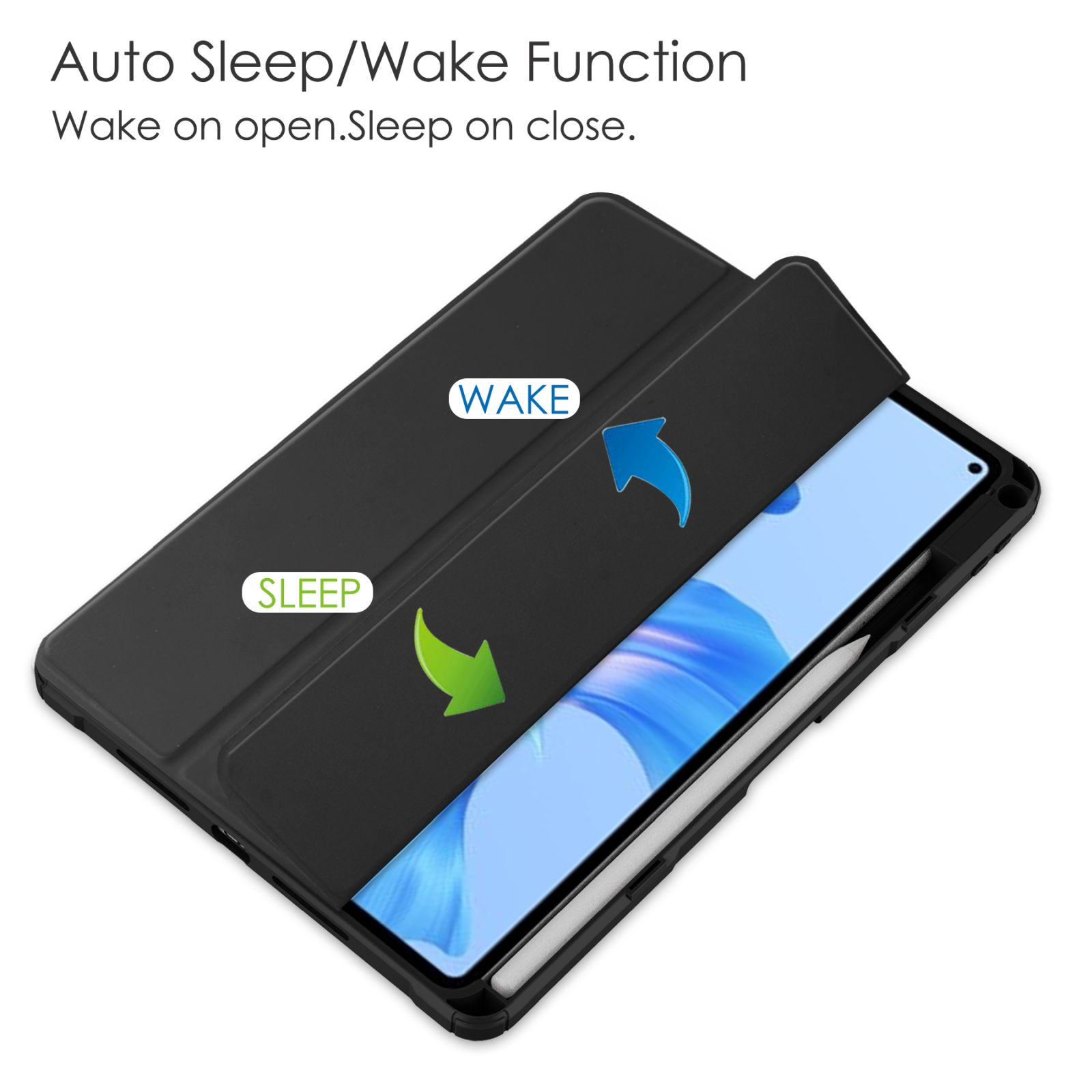 Tablethülle geöffnet, zeigt Tablet-Bildschirm. Text zeigt Auto-Sleep/Wake-Funktion mit Pfeilen.