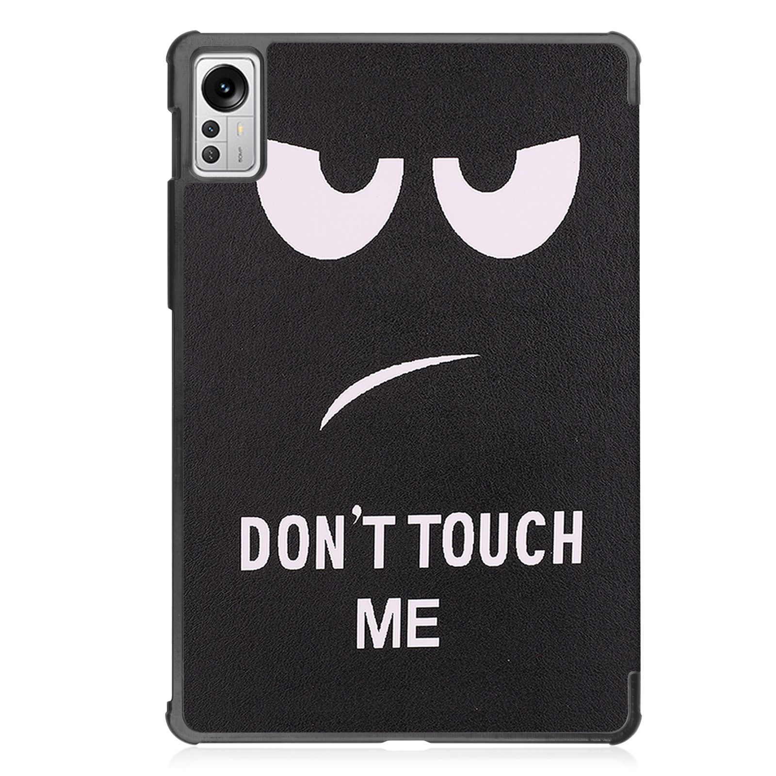 Tablet-Hülle mit einem Gesichts-Grafik mit der Aufschrift 'DON'T TOUCH ME'.
