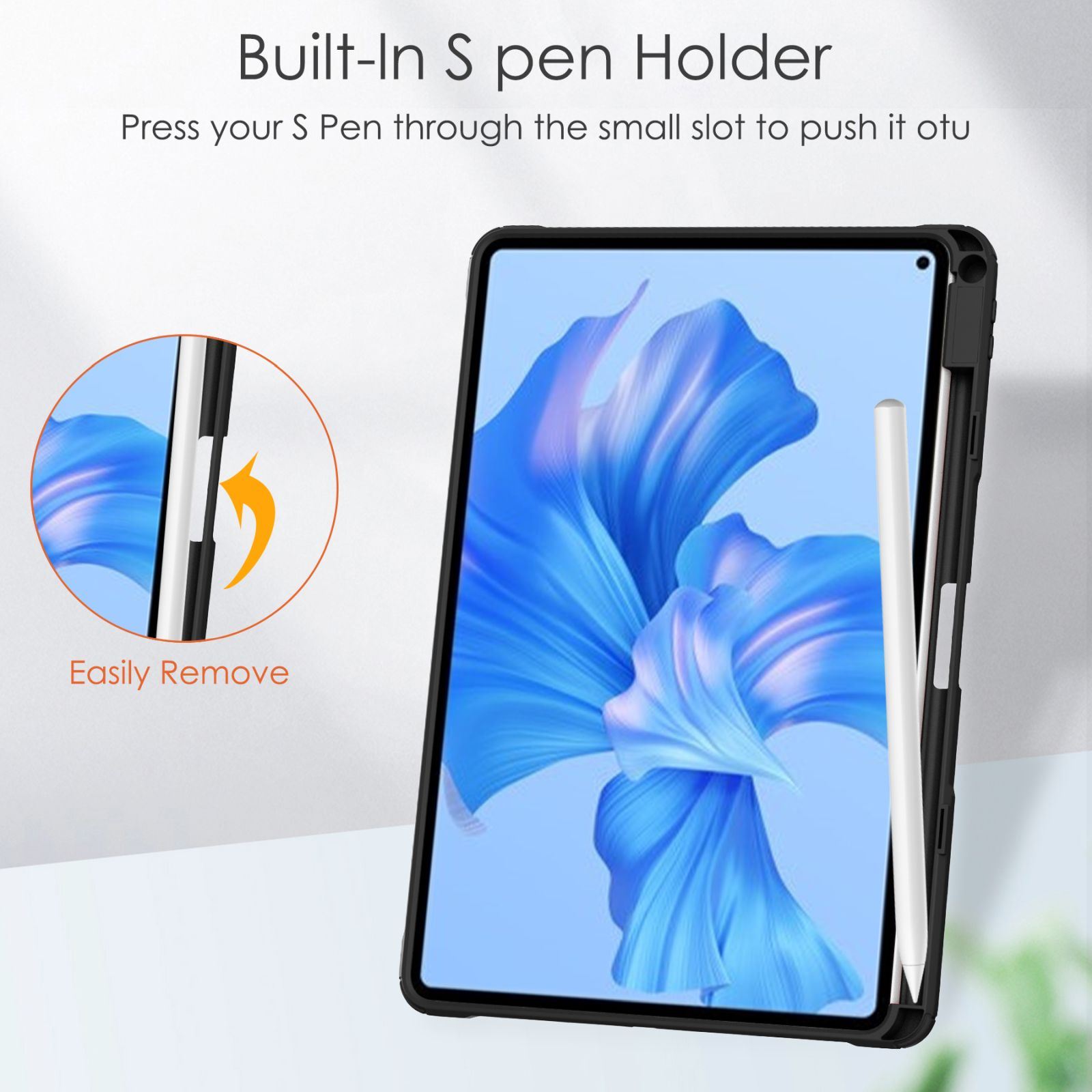 Ein Tablet mit schwarzem Gehäuse und weißem Stift. Text: Eingebauter S-Pen-Halter. Einfach entfernen.