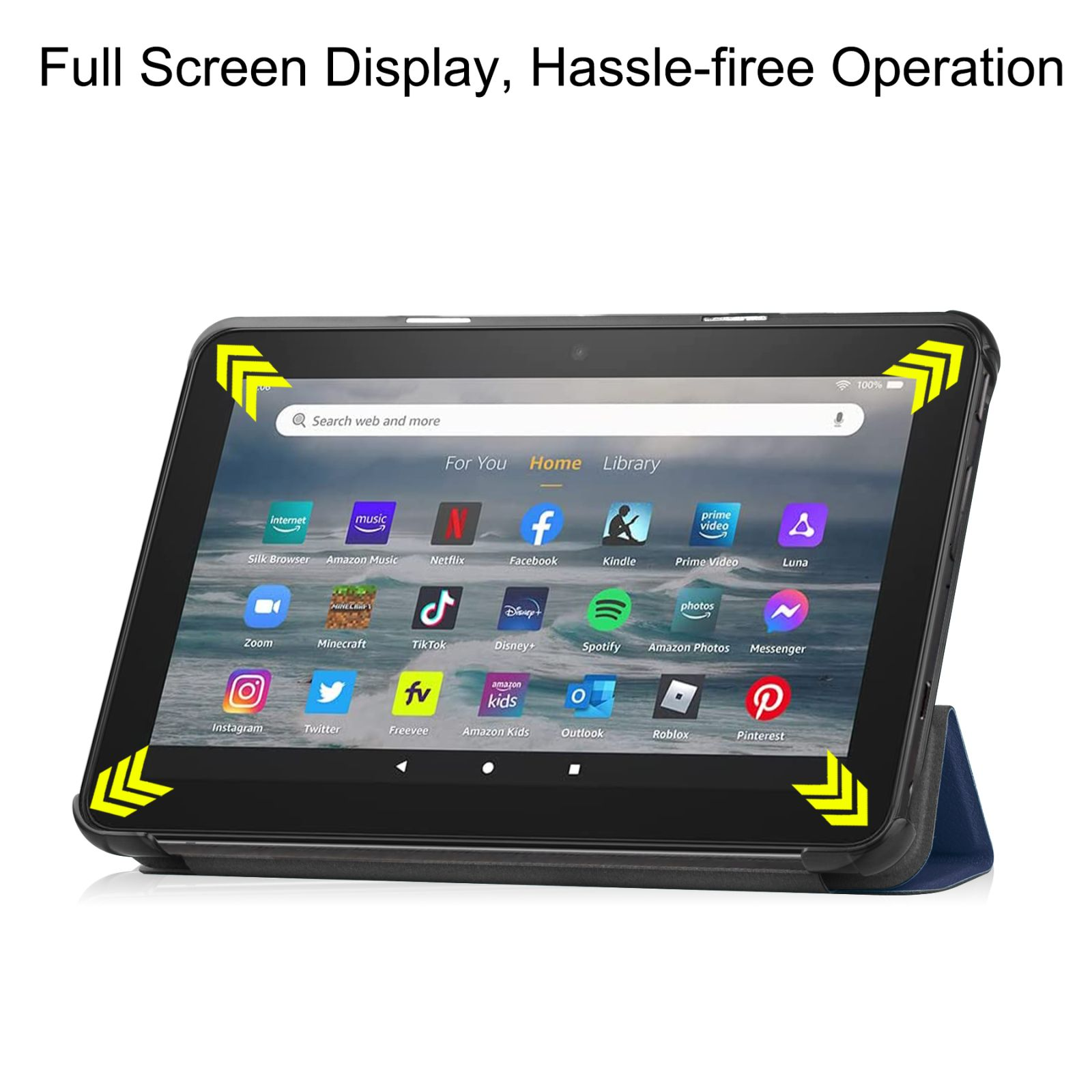 Tablet auf Ständer mit App-Symbolen auf dem Bildschirm. Gelbe Pfeile heben Ecken hervor. Schwarze Hülle mit blauem Innenraum.