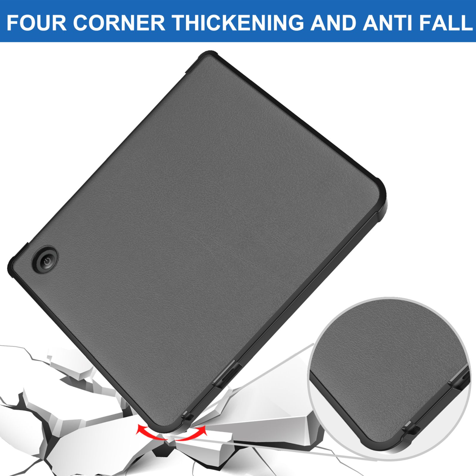 Tablethülle, dunkelgrau, vier Eckverdickungen und Anti-Fall-Funktionen, mit vergrößerter Ecke.