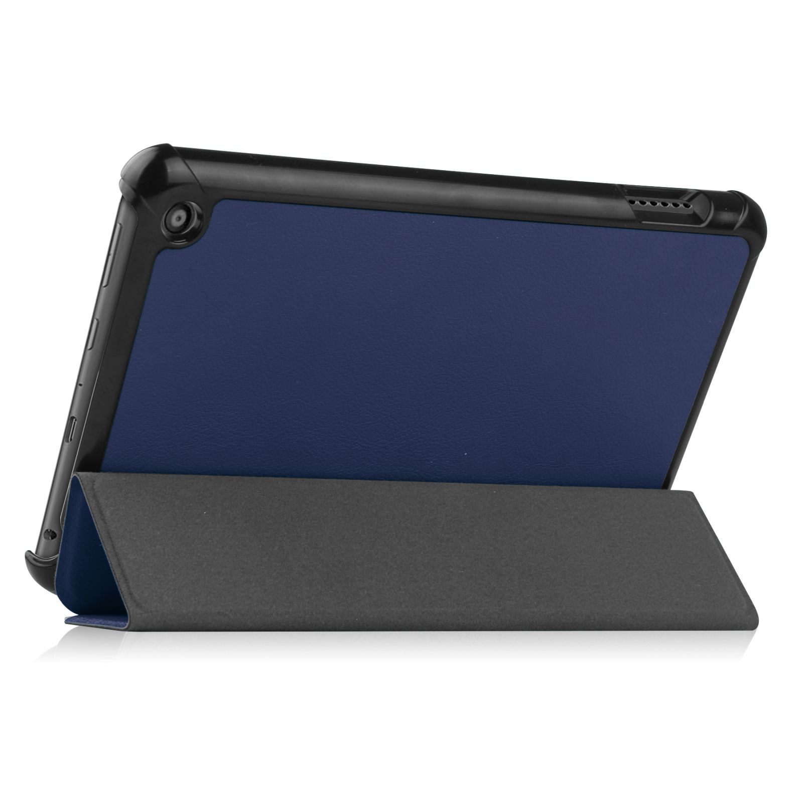 Tablet in einer schwarzen Hülle mit blauem Innenraum. Die Hülle ist gefaltet.
