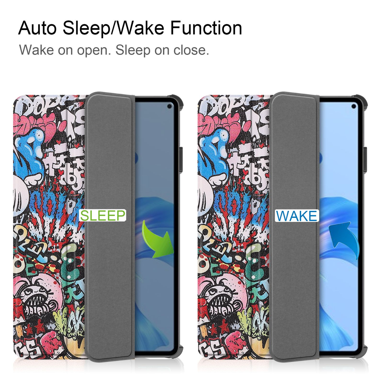 Zwei Telefone mit Hüllen. Hüllen zeigen Graffiti-Kunst. Eine Hülle ist geöffnet, die andere geschlossen, zeigt 'wake' und 'sleep'.