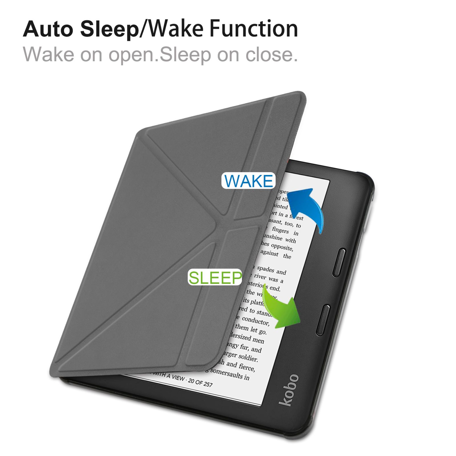 E-Reader mit geöffneter grauer Hülle, zeigt Text auf dem Bildschirm. Weißer Hintergrund.