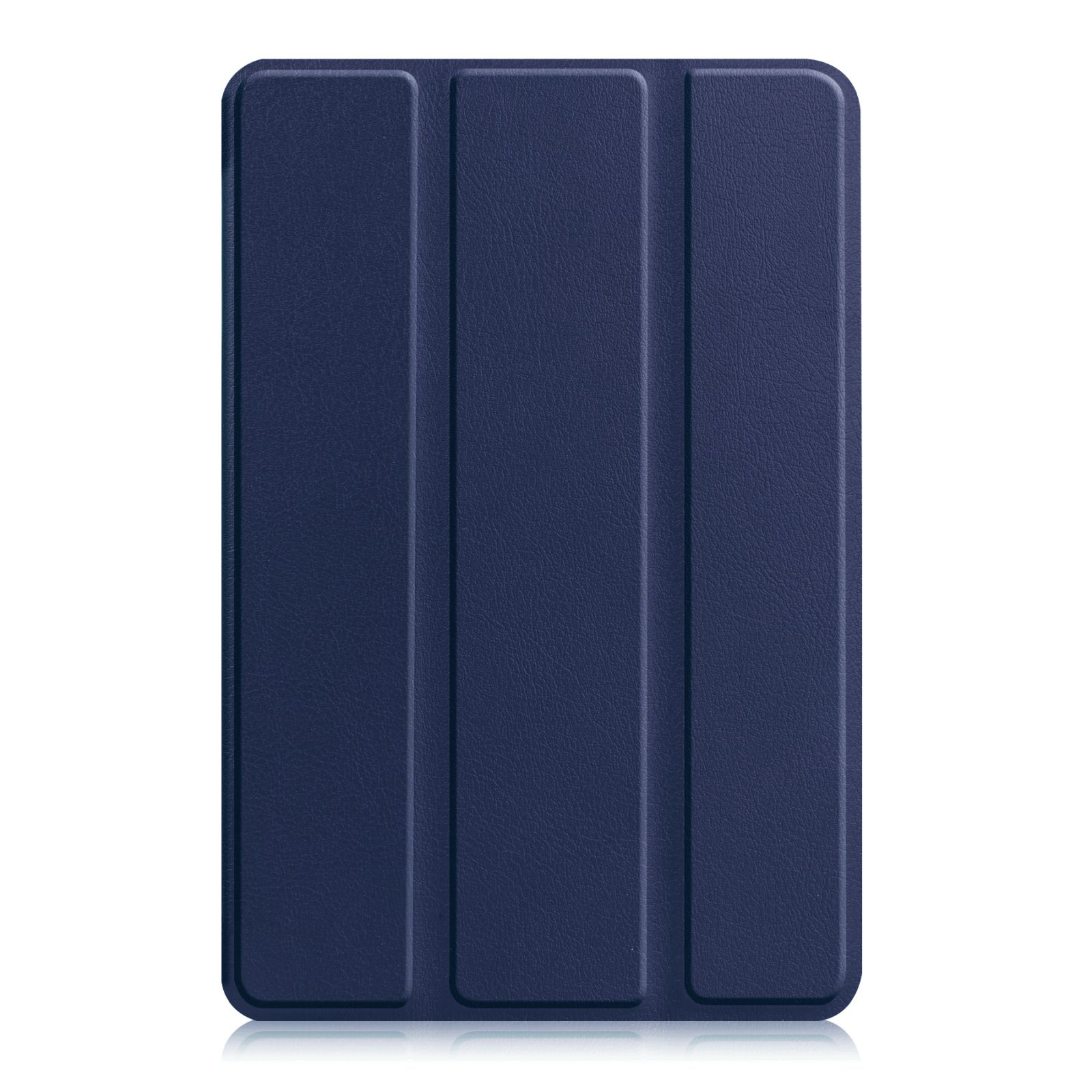 Marineblaue Tablethülle. Die Hülle ist geschlossen und hat eine strukturierte Oberfläche mit drei vertikalen Linien.