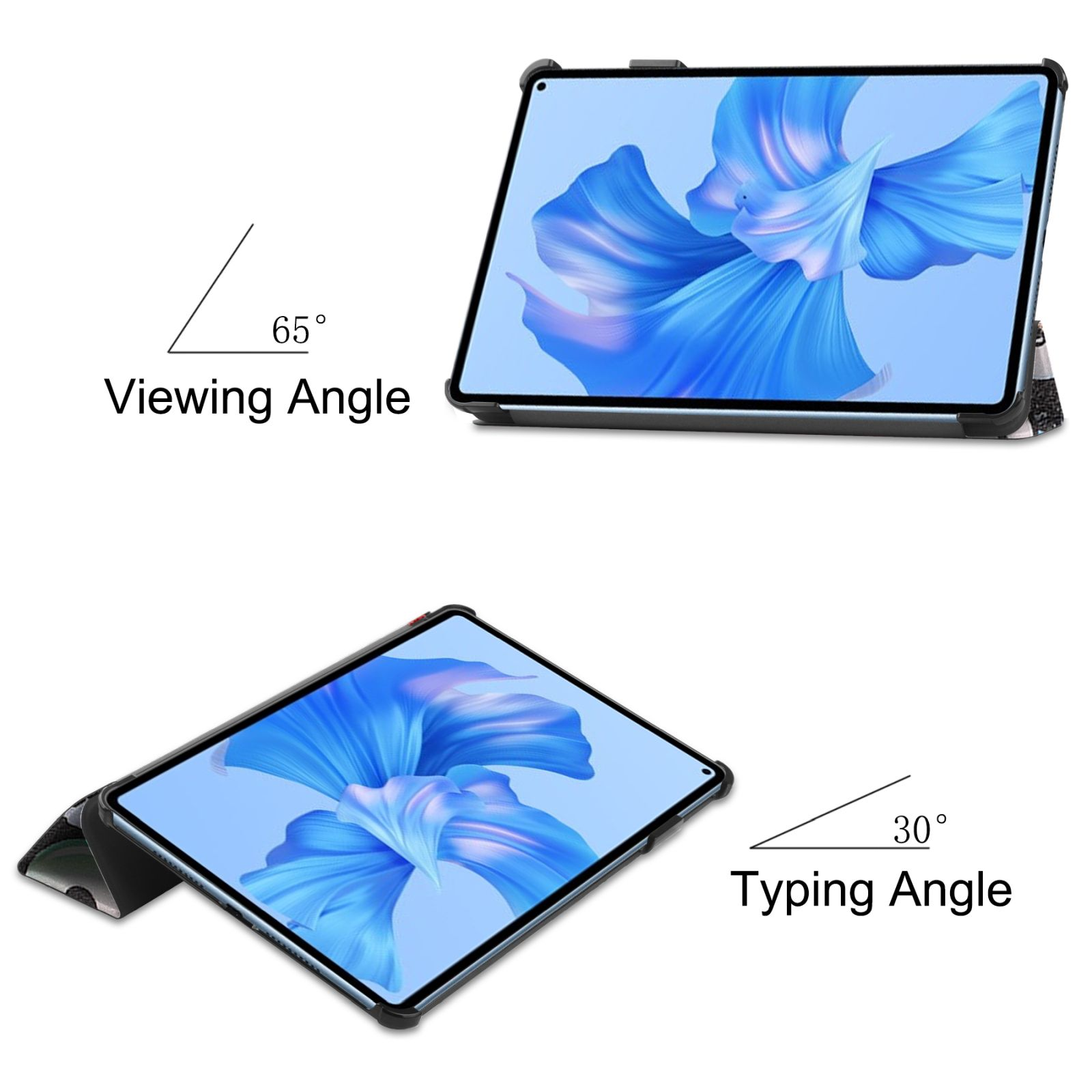 Tablets zeigen Betrachtungs- und Tippwinkel. Tippwinkel 30 Grad. Betrachtungswinkel 65 Grad.