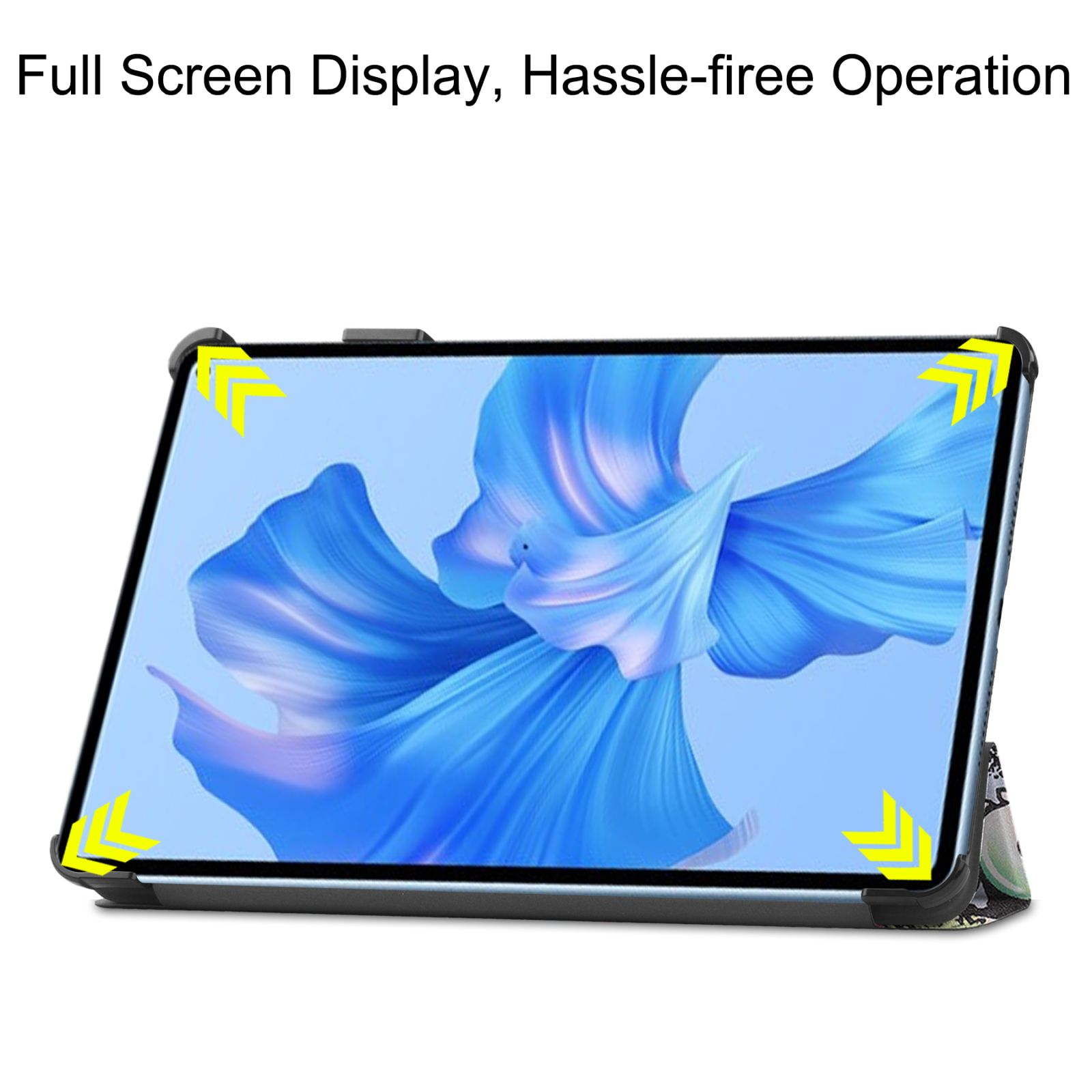 Ein Tablet wird mit einem Bildschirm gezeigt, der einen blauen Hintergrund mit gelben Eckindikatoren anzeigt.