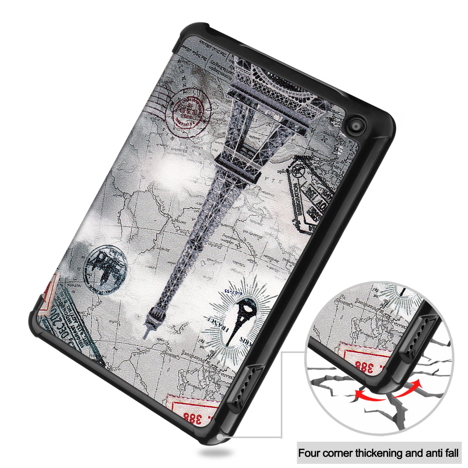 Schwarze Tablet-Hülle mit Eiffelturm-Design auf Kartenhintergrund und einer zerbrochenen Ecke.