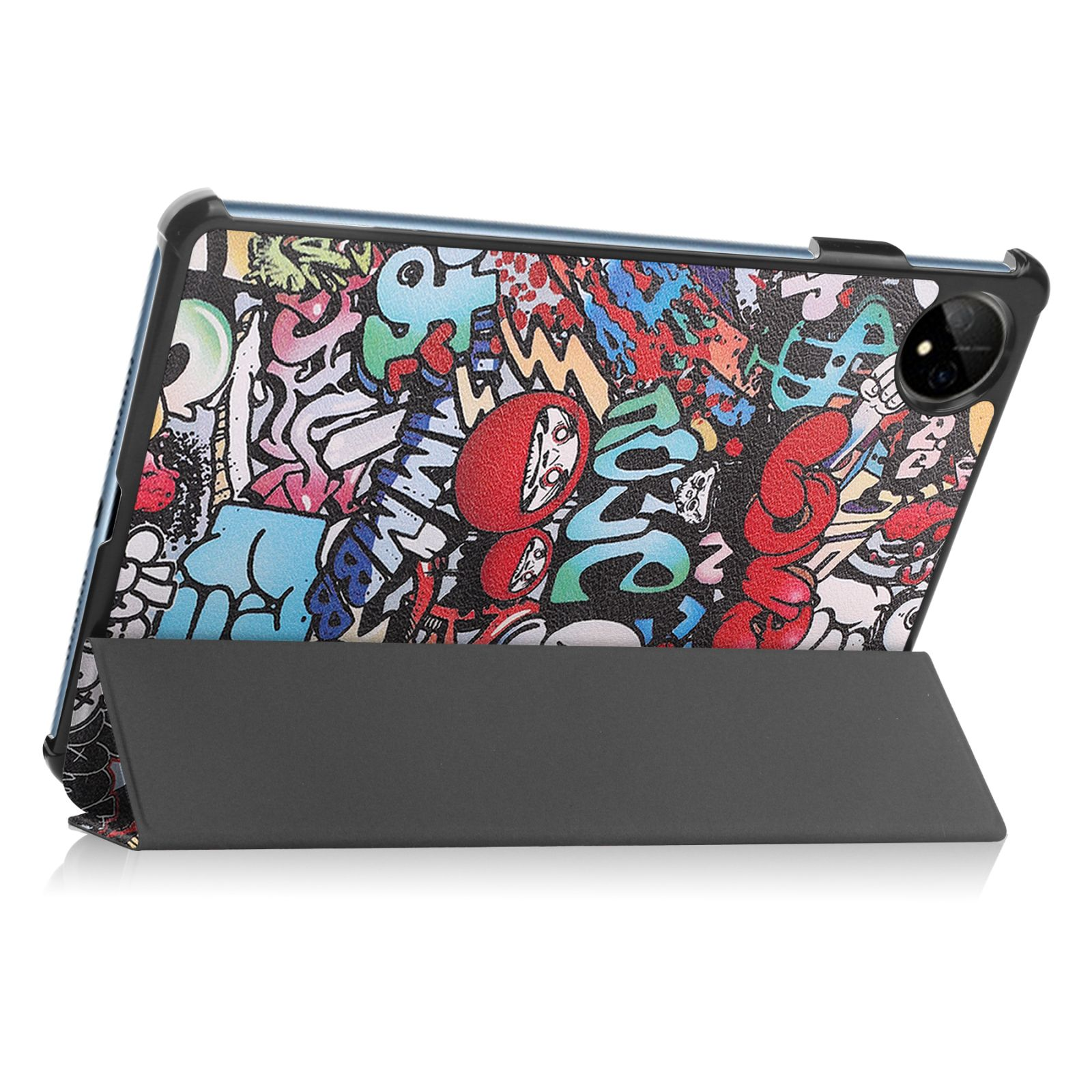 Tablethülle mit Graffiti-Kunst. Die Hülle hat einen schwarzen Rahmen und einen grauen Ständer.