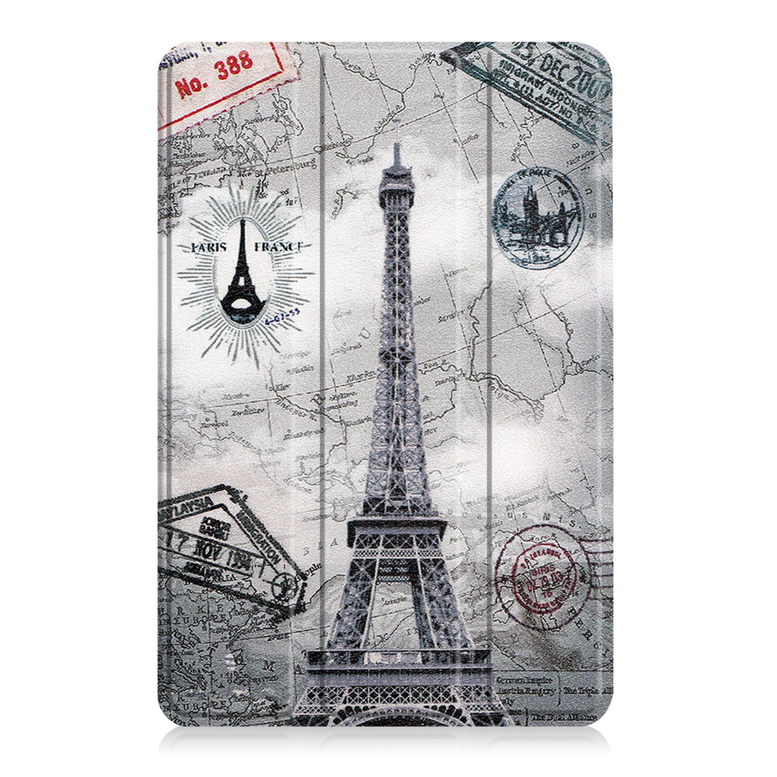 Graue Tablethülle mit Eiffelturm-Design, Stempeln und Kartenhintergrund. Schwarze Umrisse.