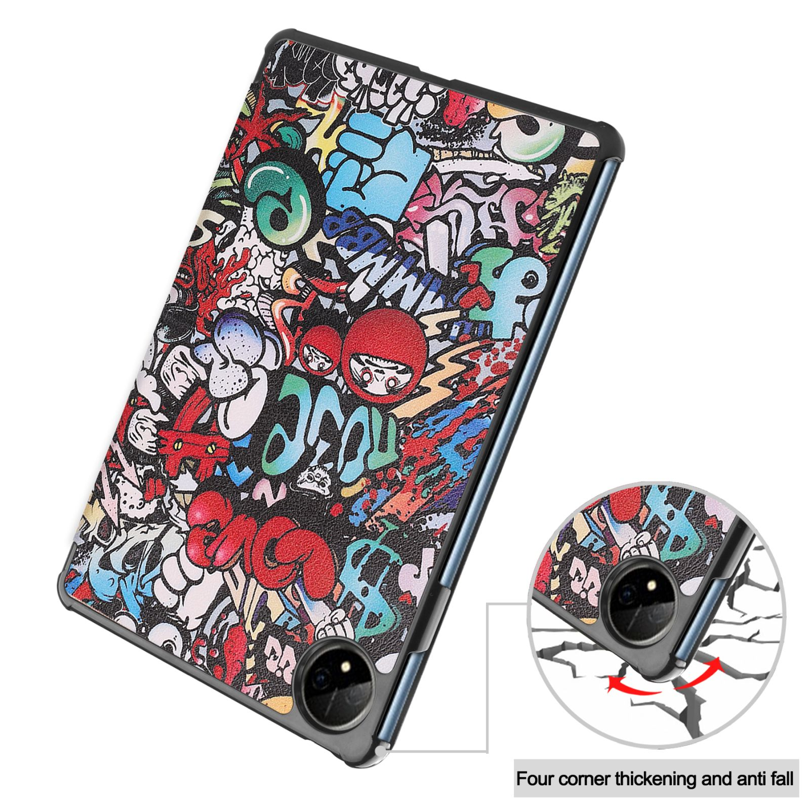 Tablethülle mit farbenfroher Graffiti-Kunst. Die Hülle ist schwarz mit dickem Rahmen.