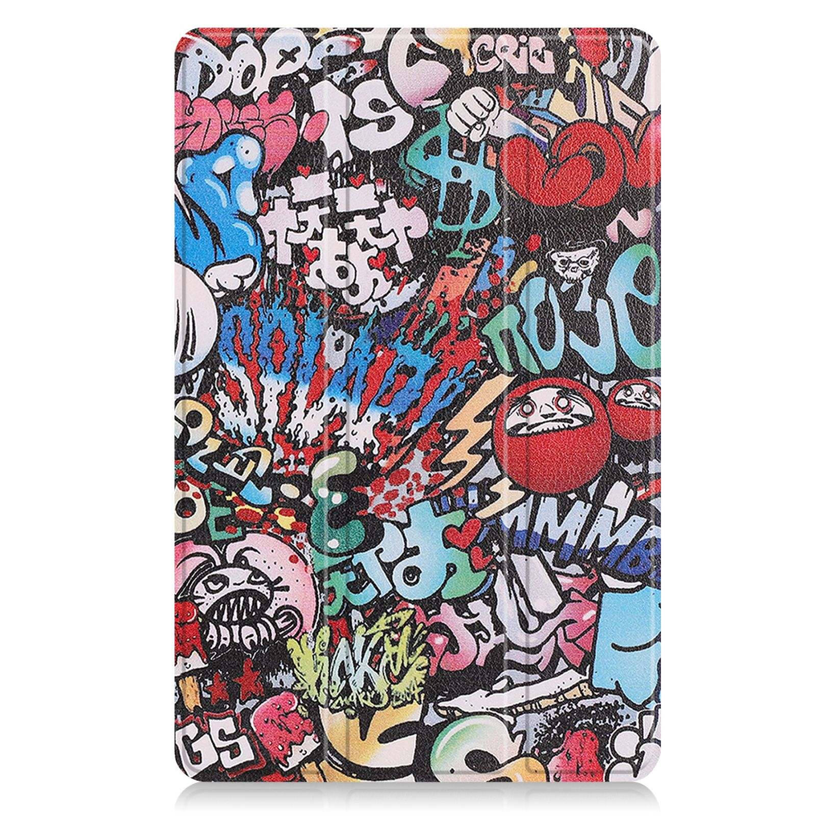 Tablethülle mit Graffiti-Kunst bedeckt. Viele bunte Zeichnungen und Wörter bedecken die Hülle.