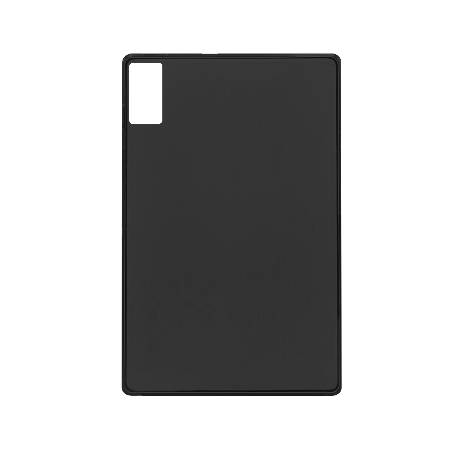 Schwarze Tablet-Rückseite mit weißem rechteckigem Ausschnitt für die Kamera.