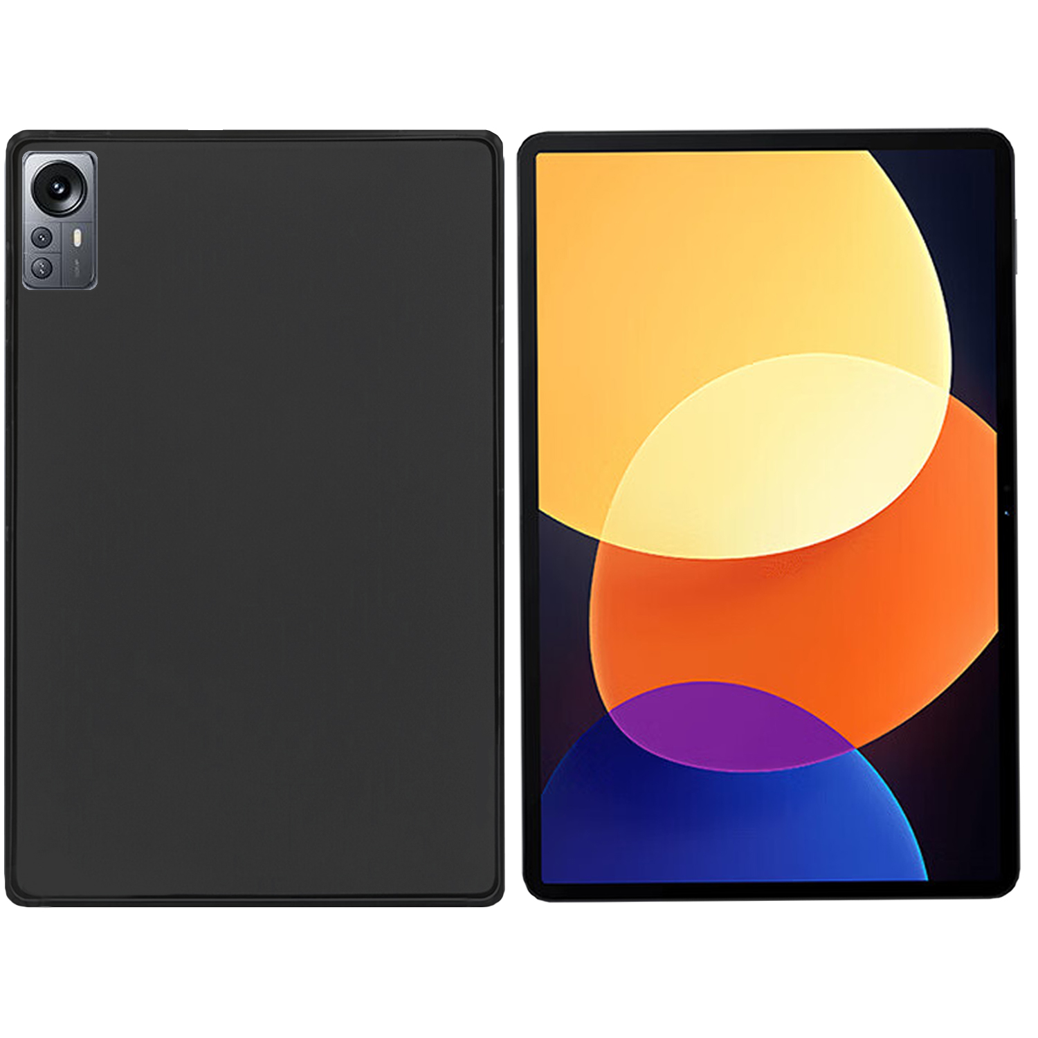 Ein schwarzes Tablet mit Bildschirm rechts und schwarzer Rückseite links.