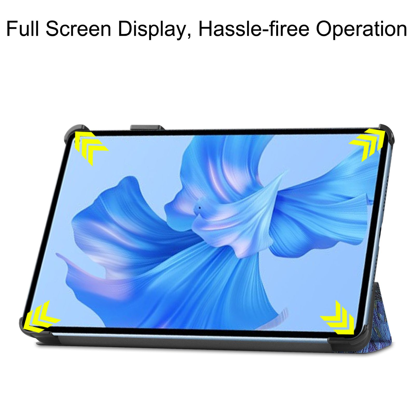 Tablet in einer Hülle, das eine Vollbildanzeige mit blauem und weißem abstraktem Design zeigt. Gelbe Eckpfeile sind sichtbar.