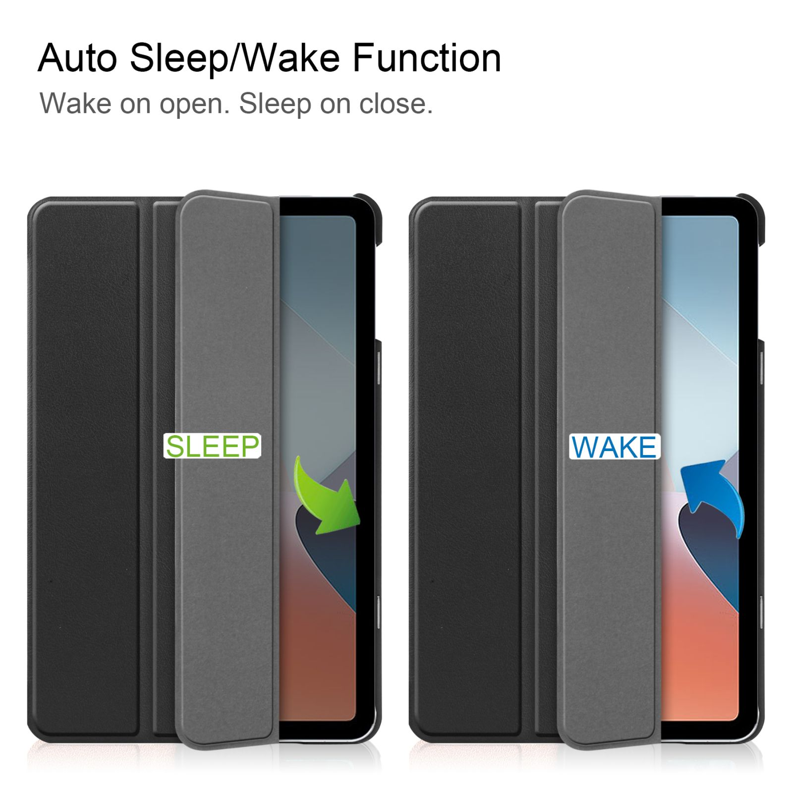 Tablet-Hülle mit geschlossenem und offenem Cover. Offenes Cover zeigt Wort 'WAKE'.