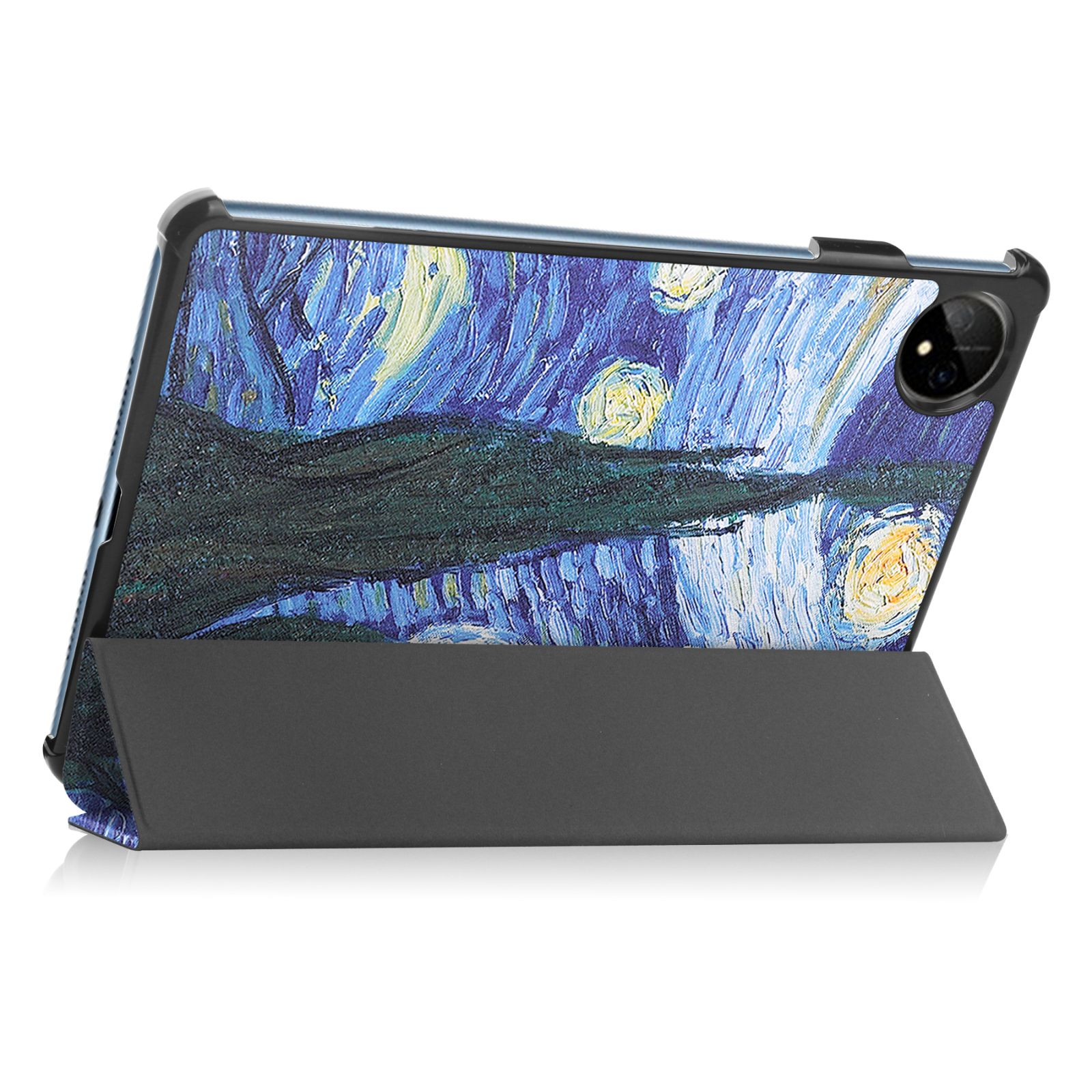 Tablet mit Hülle. Bild eines Gemäldes auf der Rückseite. Die Hülle ist gefaltet.