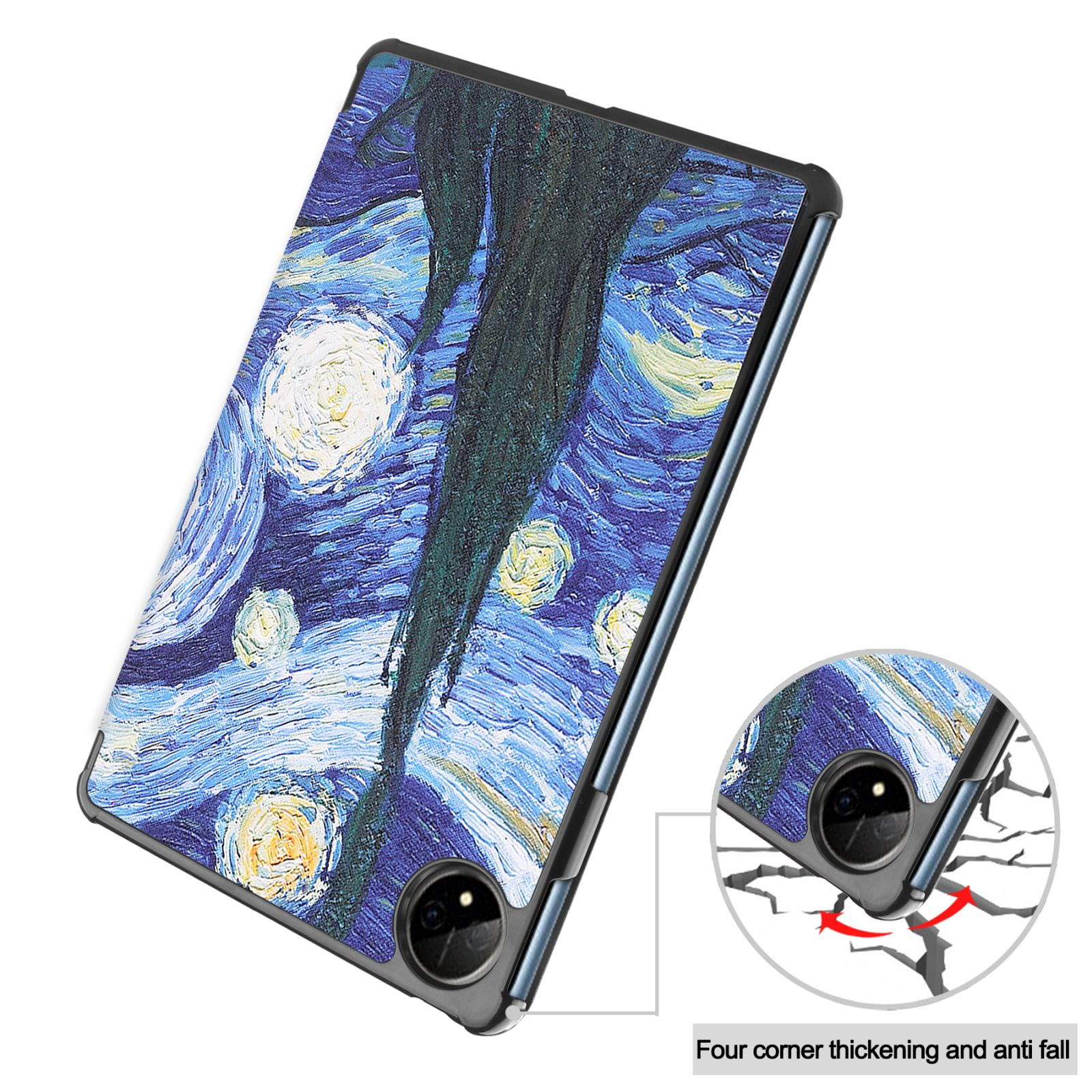 Eine Tablet-Hülle mit einem Van Gogh Sternennacht-Gemälde. Das Gehäuse ist schwarz.