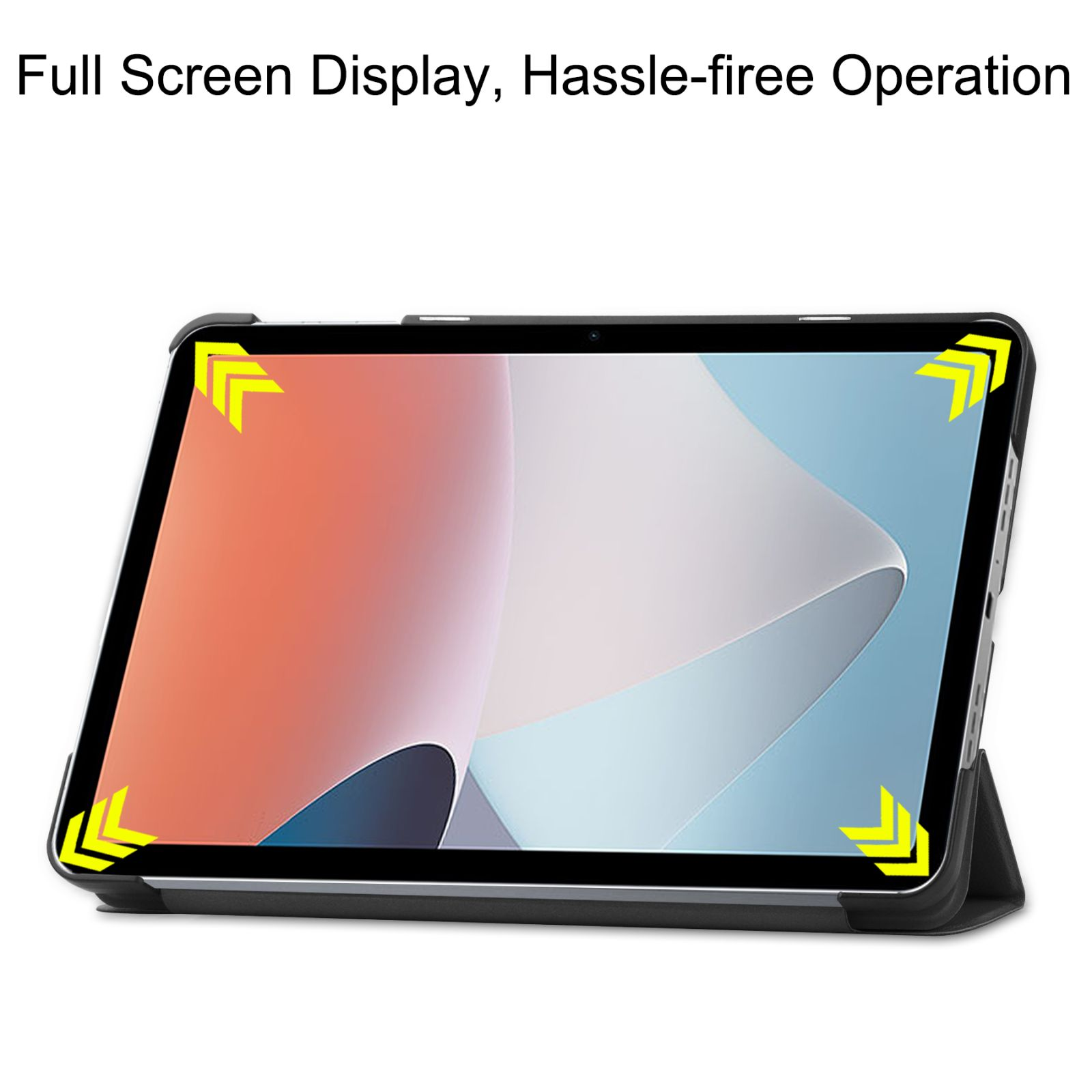 Tablet in schwarzem Gehäuse mit farbenfrohem Bildschirm und gelben Pfeilen in den Ecken.